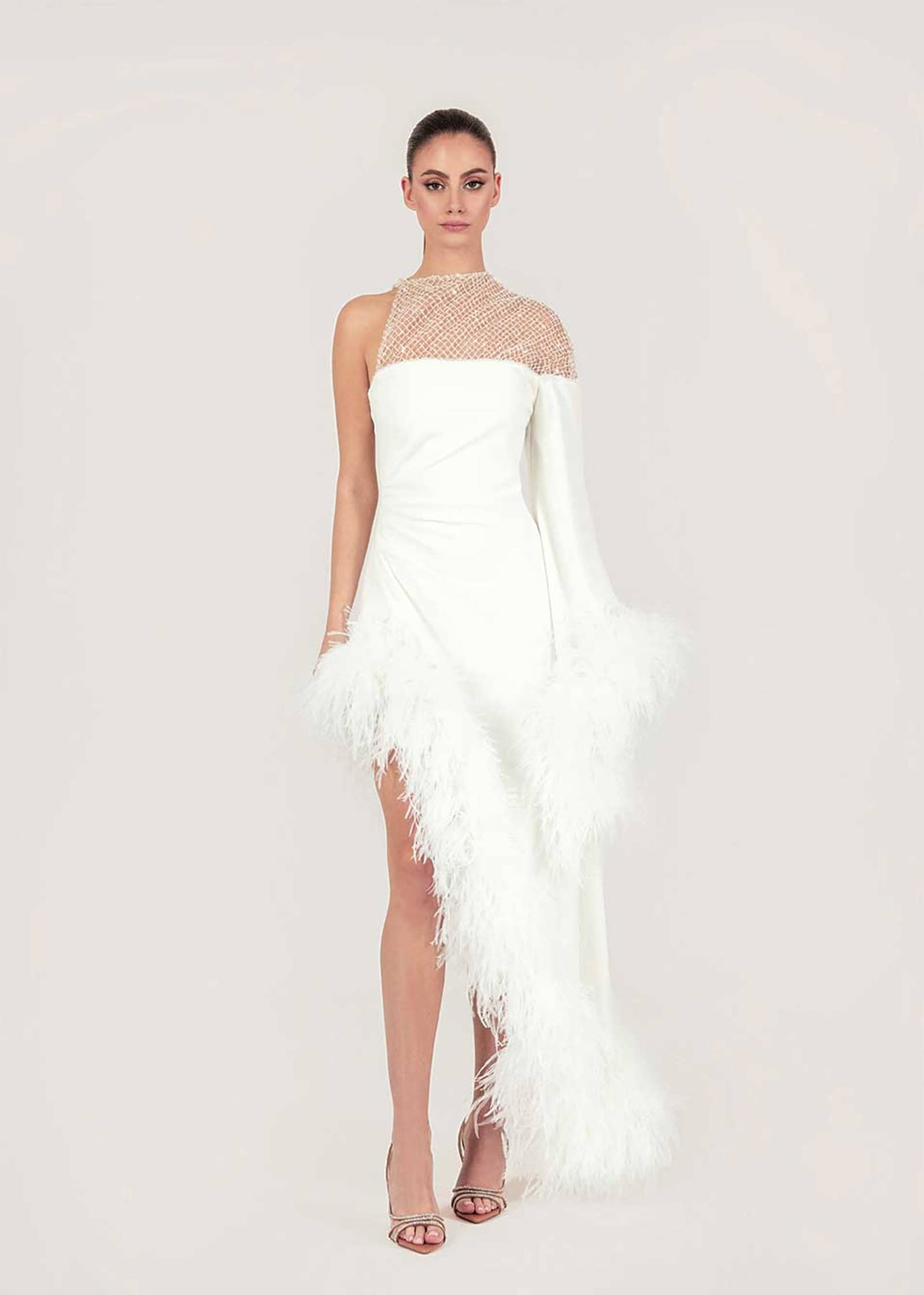 Luxury feather-trim crepe dress made by Monika Dimova