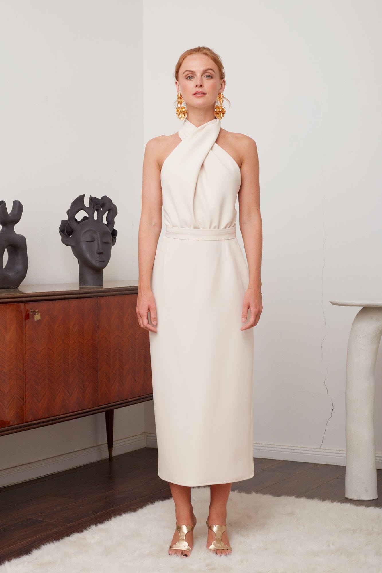 CELIA pastel cream X neck midi dress made by UNDRESS