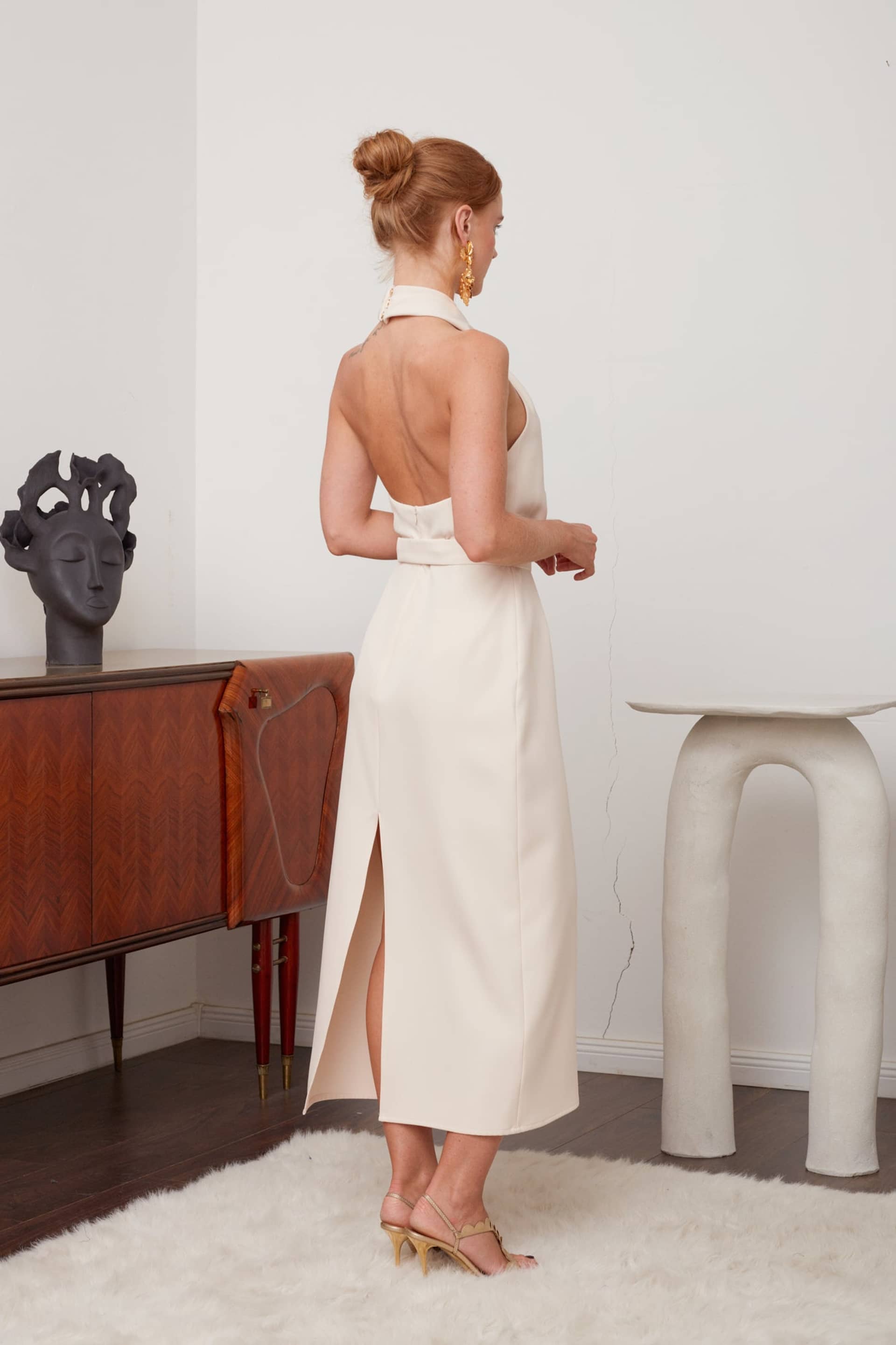 CELIA pastel cream X neck midi dress made by UNDRESS