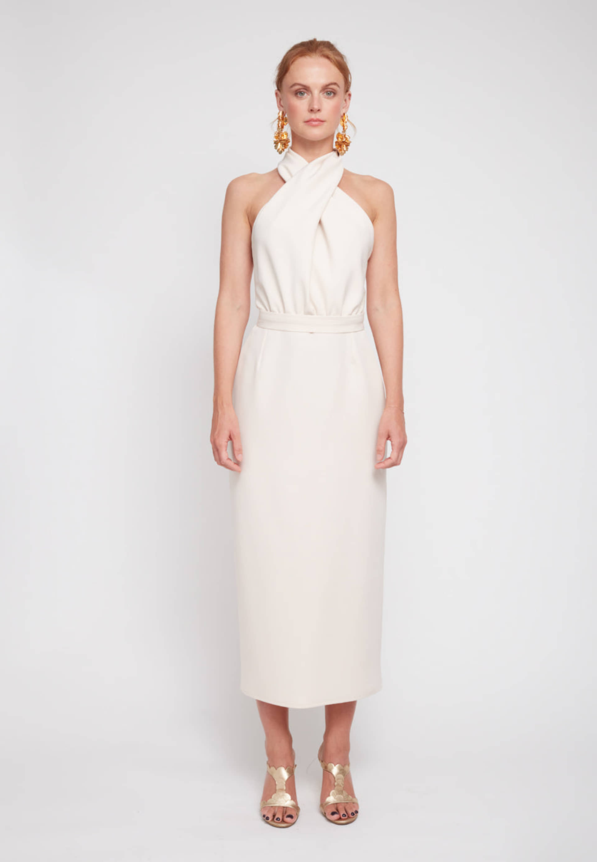 CELIA pastel cream X neck midi dress made by UNDRESS