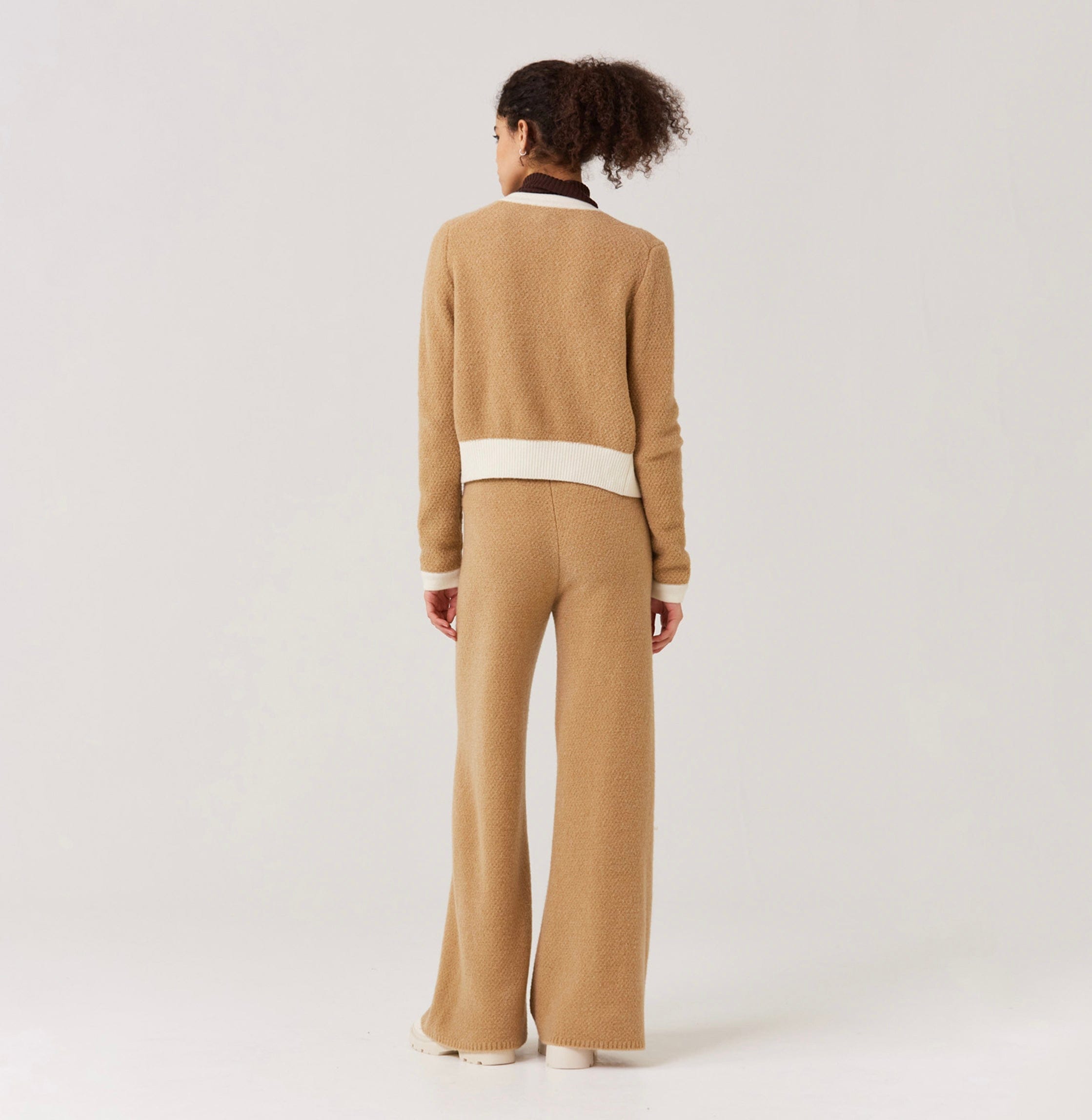 COLOR-BLOCKED TEDDY FLEECE WIDE-LEG PANTS in Brown made by CRUSH Collection