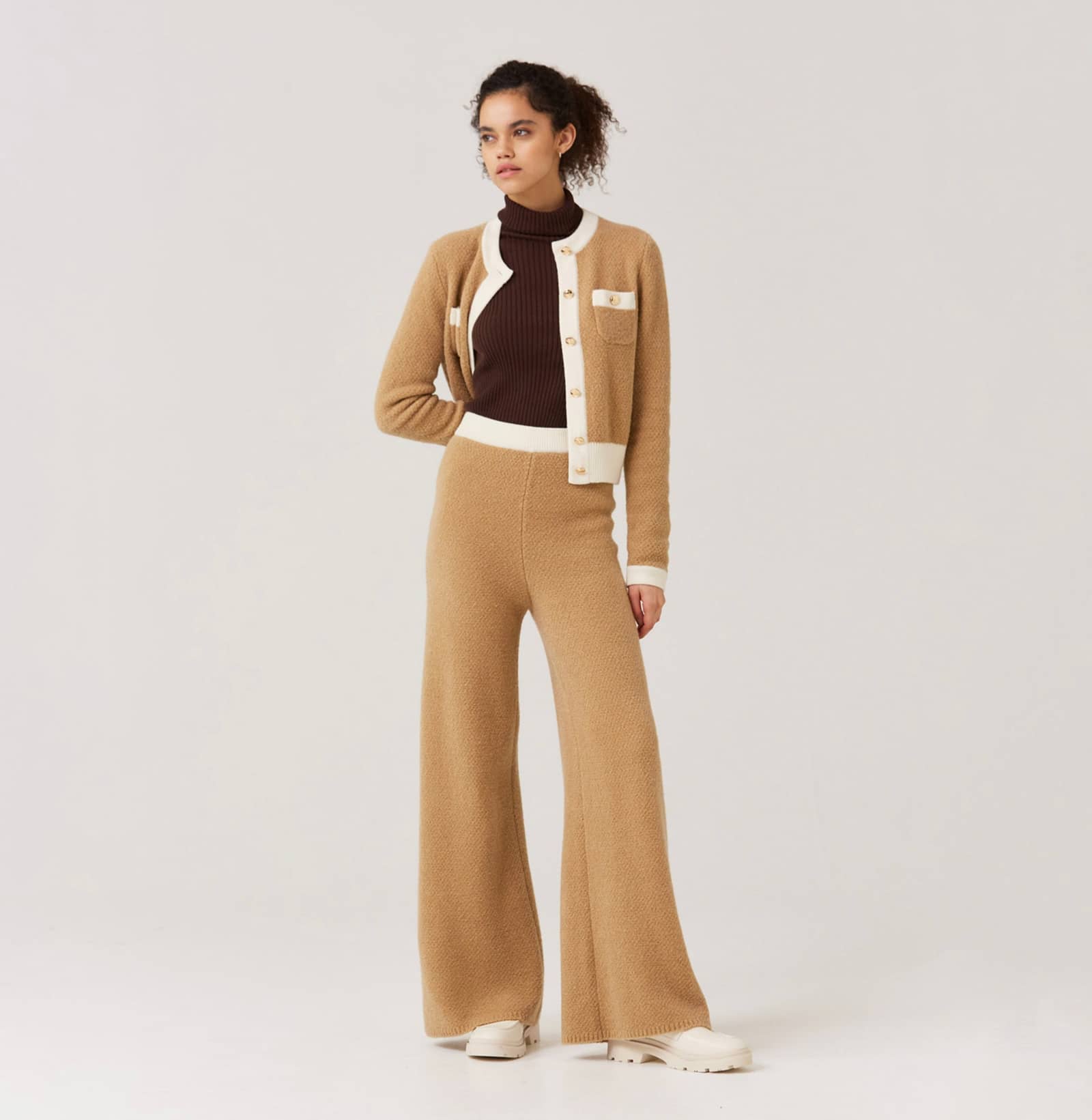 COLOR-BLOCKED TEDDY FLEECE WIDE-LEG PANTS in Brown made by CRUSH Collection