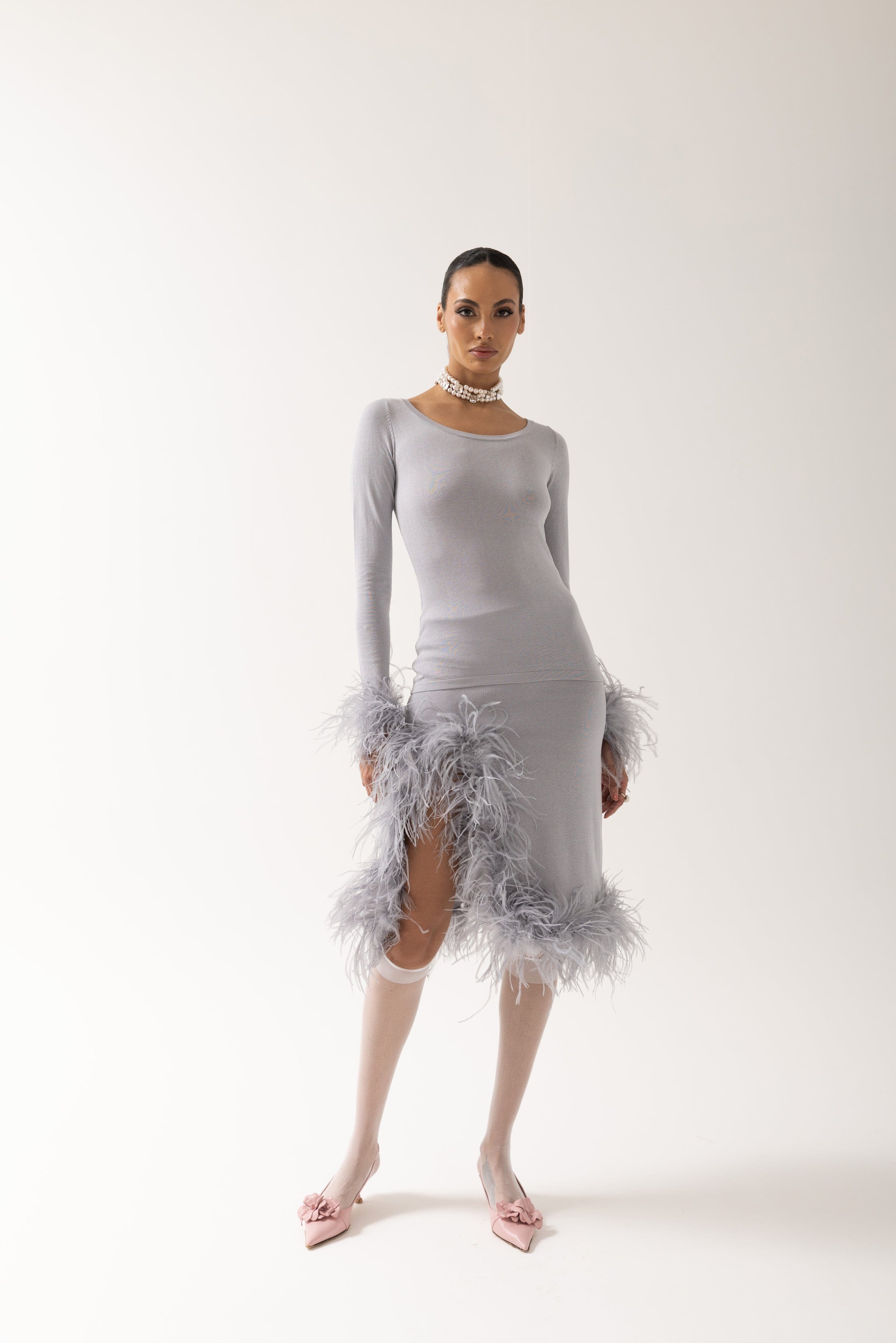 Grey Knit Skirt With Feathers made by ANDREEVA