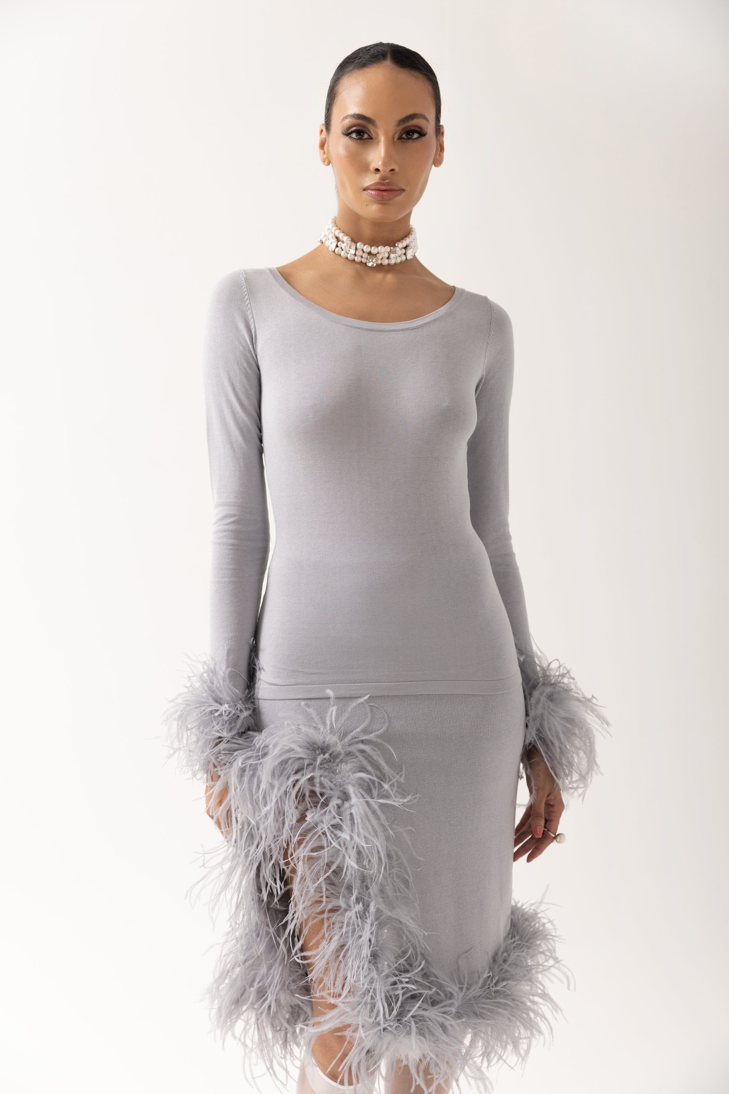 Grey Knit Skirt With Feathers made by ANDREEVA