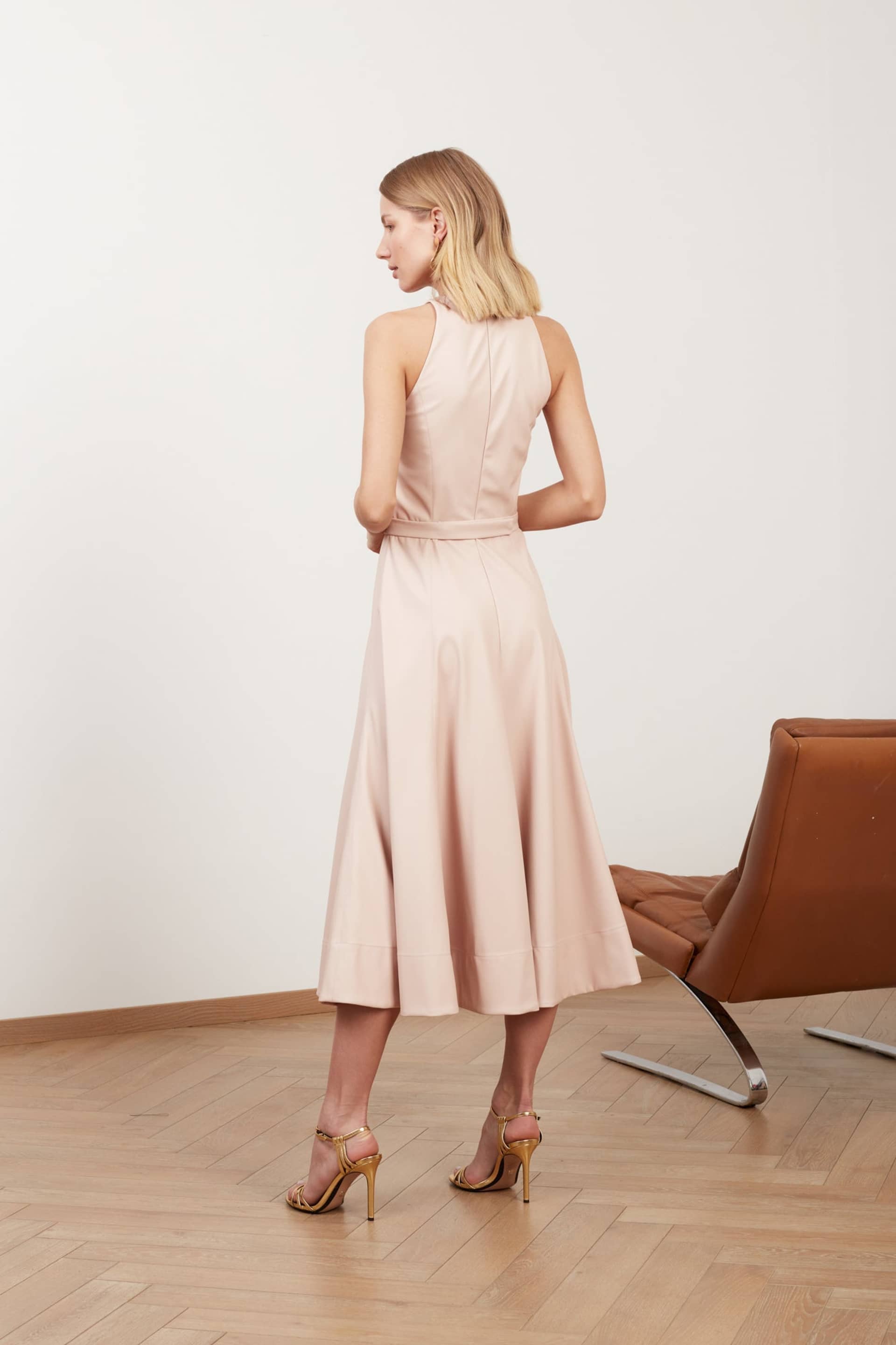 AVALON pastel pink vegan leather midi dress made by UNDRESS