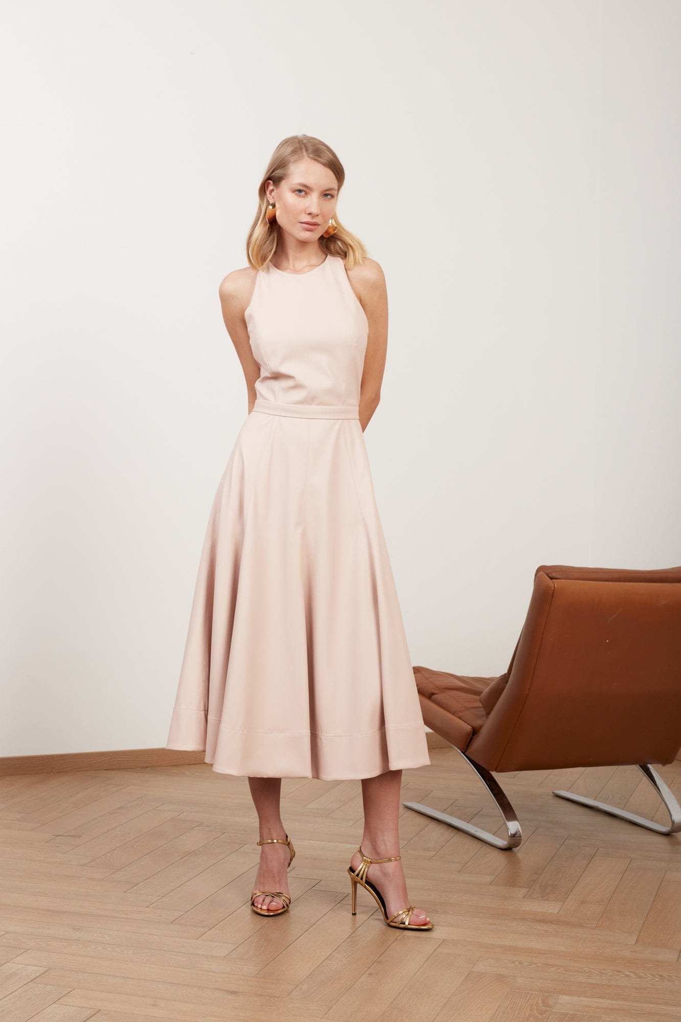 AVALON pastel pink vegan leather midi dress made by UNDRESS