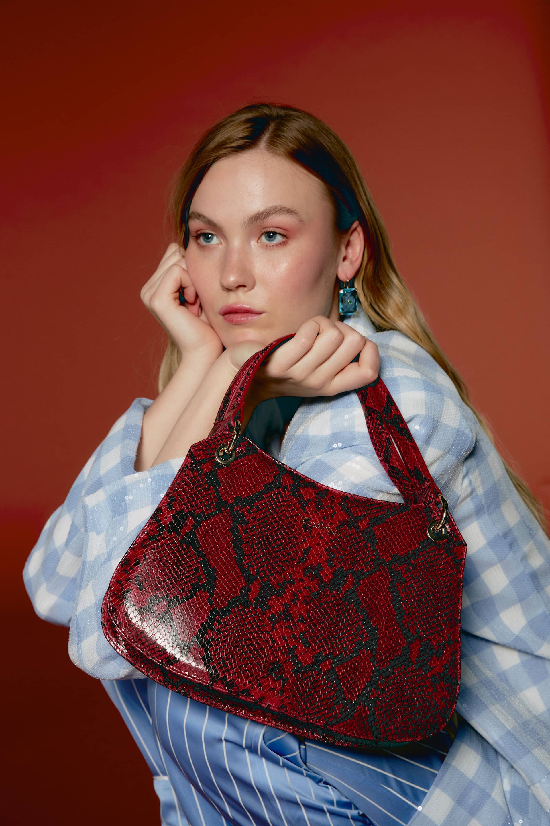 Red mini Olympia in snake print made by Phialebel