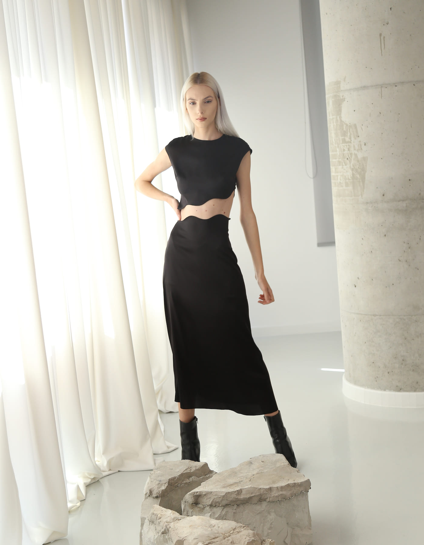 RHEA Silk Skirt in Black made by MAET