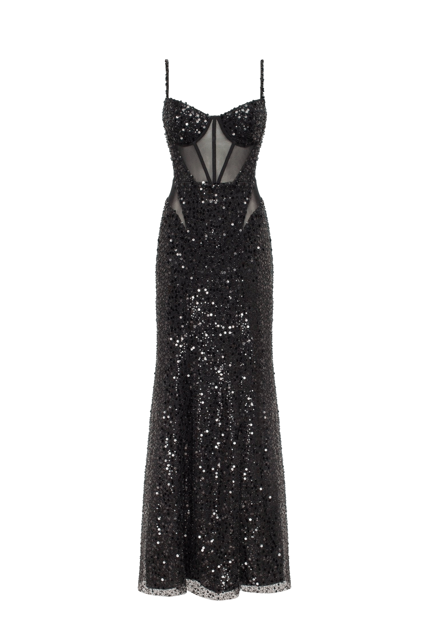 Sensational black maxi on spaghetti straps covered in sequins, Smoky Quartz made by Milla