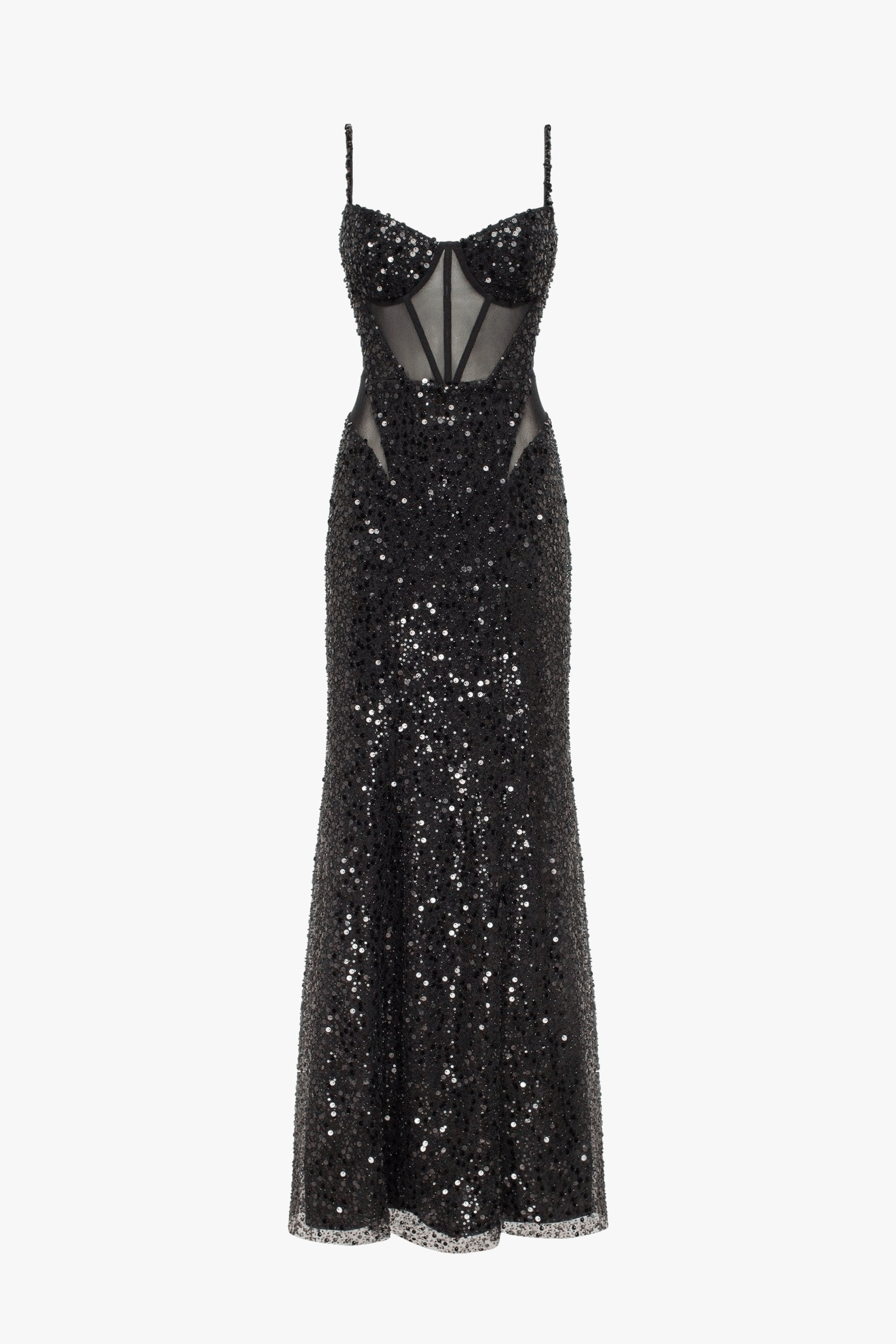 Sensational black maxi on spaghetti straps covered in sequins, Smoky Quartz made by Milla