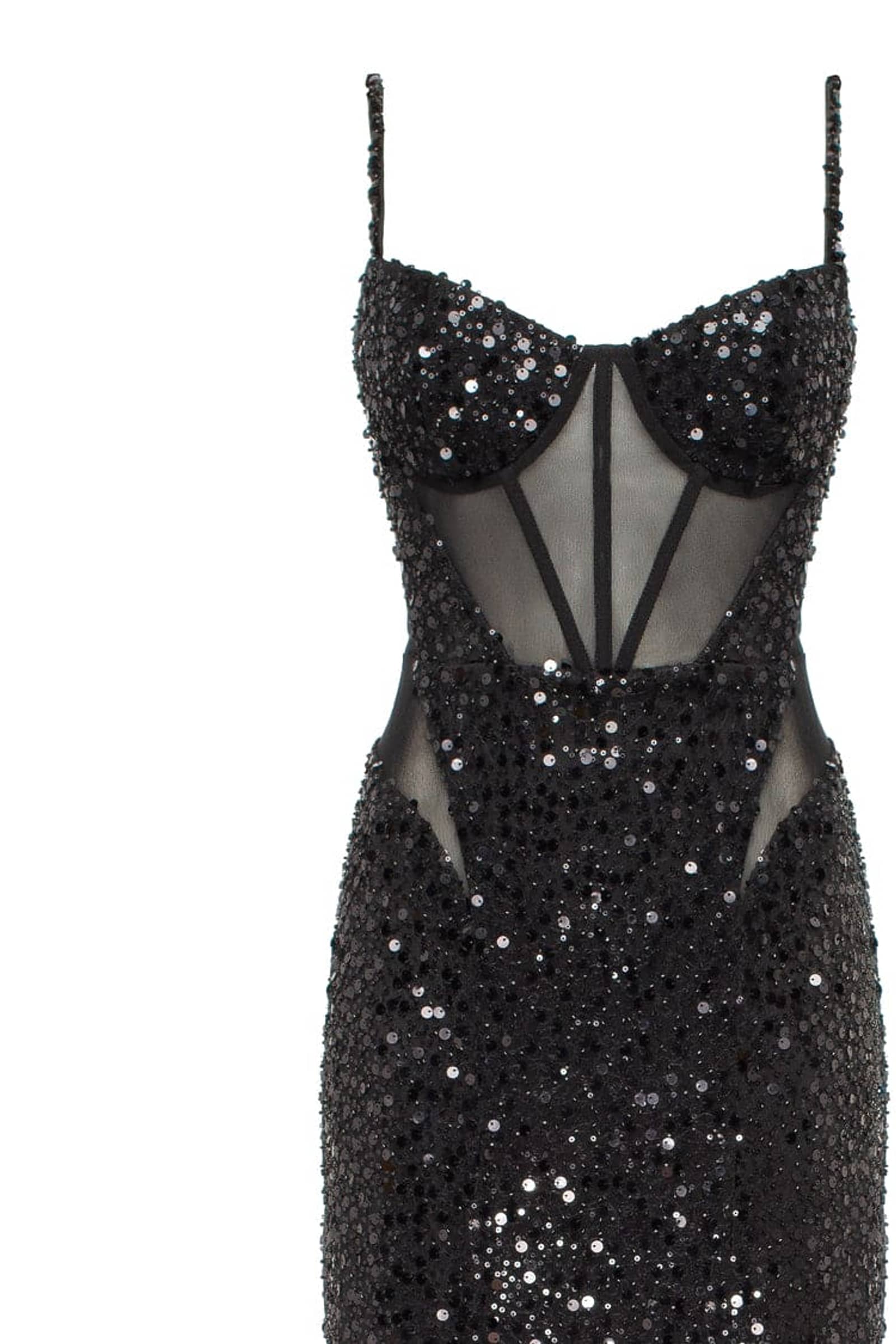 Sensational black maxi on spaghetti straps covered in sequins, Smoky Quartz made by Milla