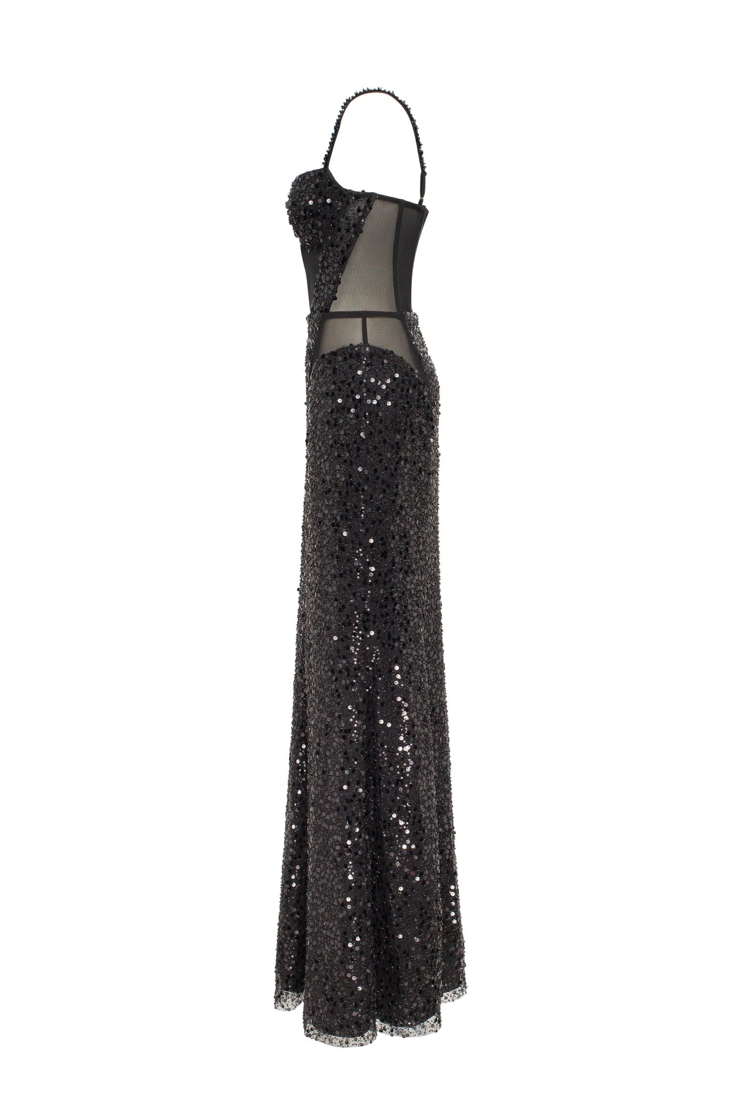 Sensational black maxi on spaghetti straps covered in sequins, Smoky Quartz made by Milla