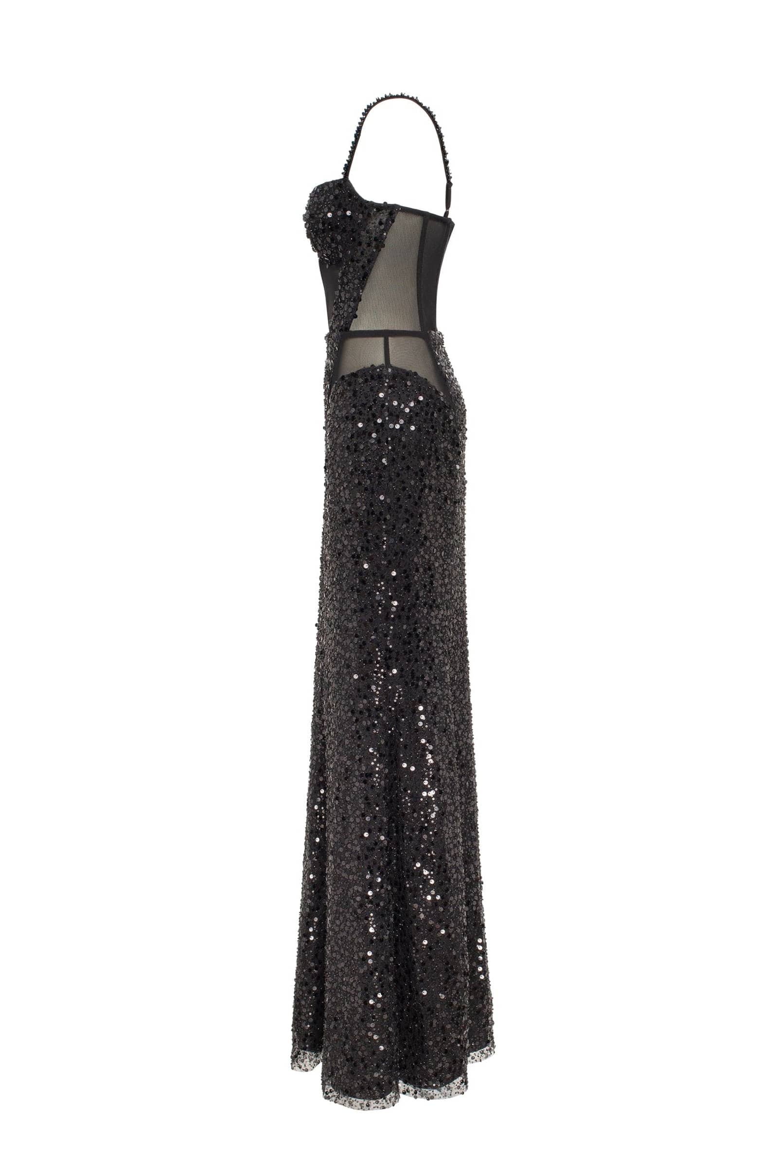 Sensational black maxi on spaghetti straps covered in sequins, Smoky Quartz made by Milla