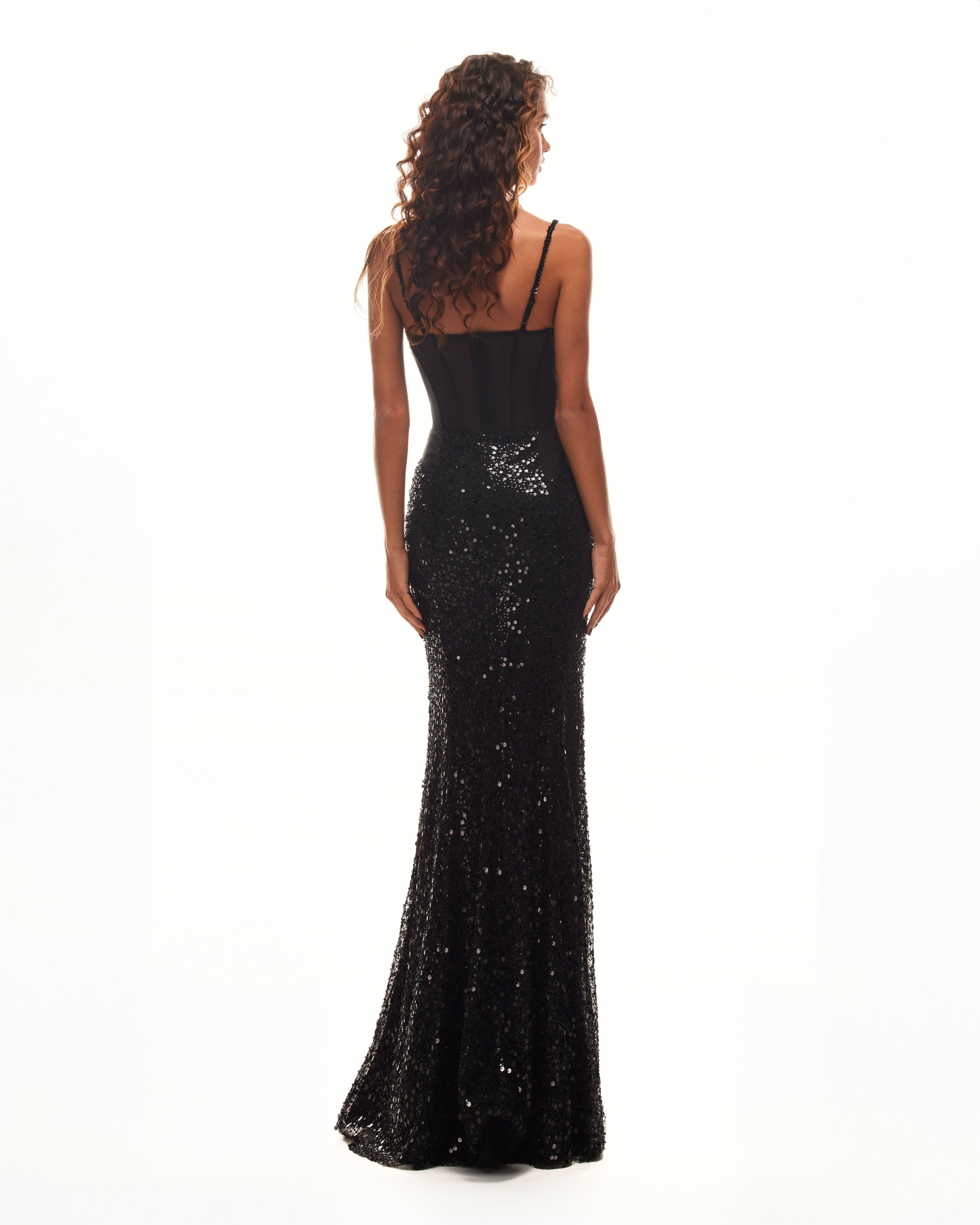 Sensational black maxi on spaghetti straps covered in sequins, Smoky Quartz made by Milla