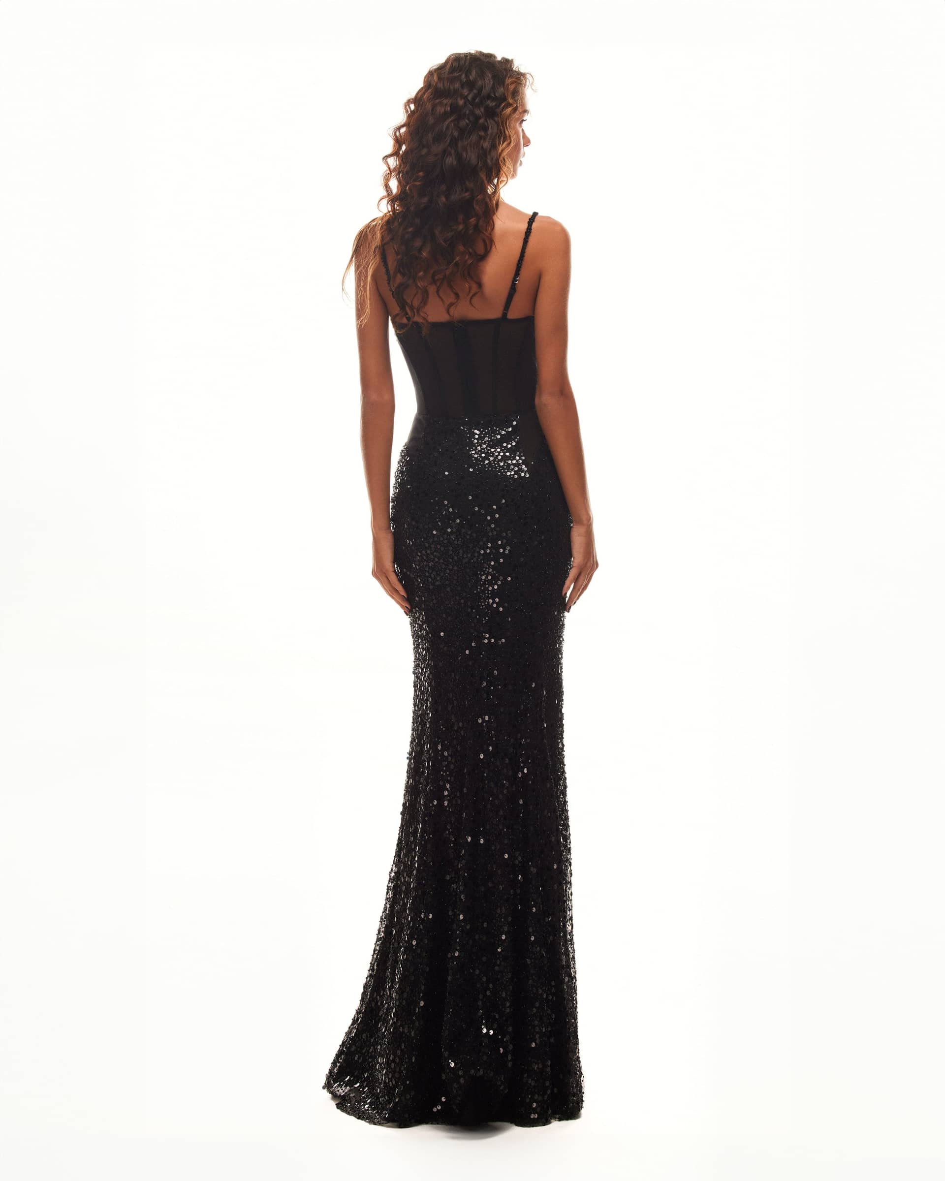 Sensational black maxi on spaghetti straps covered in sequins, Smoky Quartz made by Milla