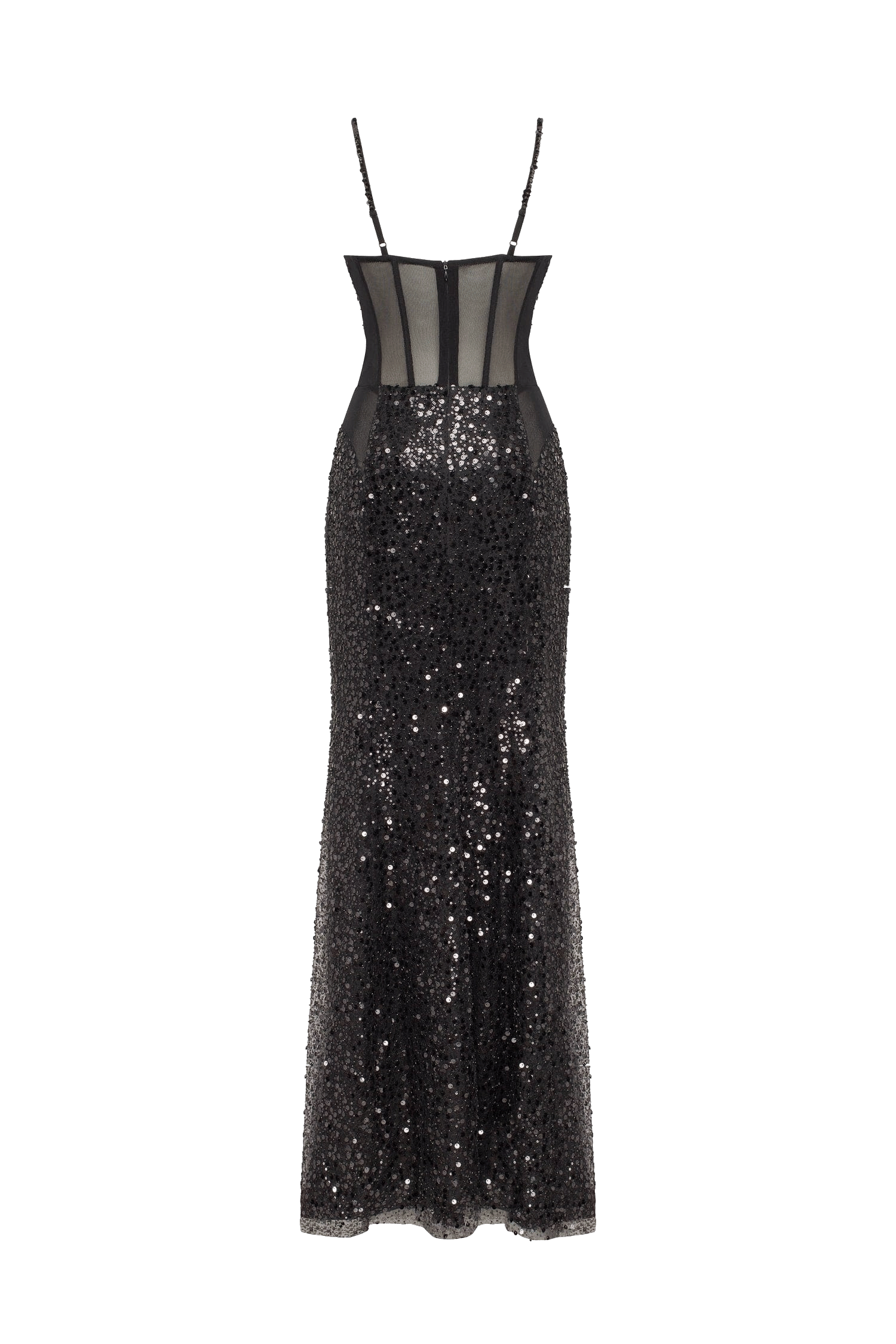 Sensational black maxi on spaghetti straps covered in sequins, Smoky Quartz made by Milla