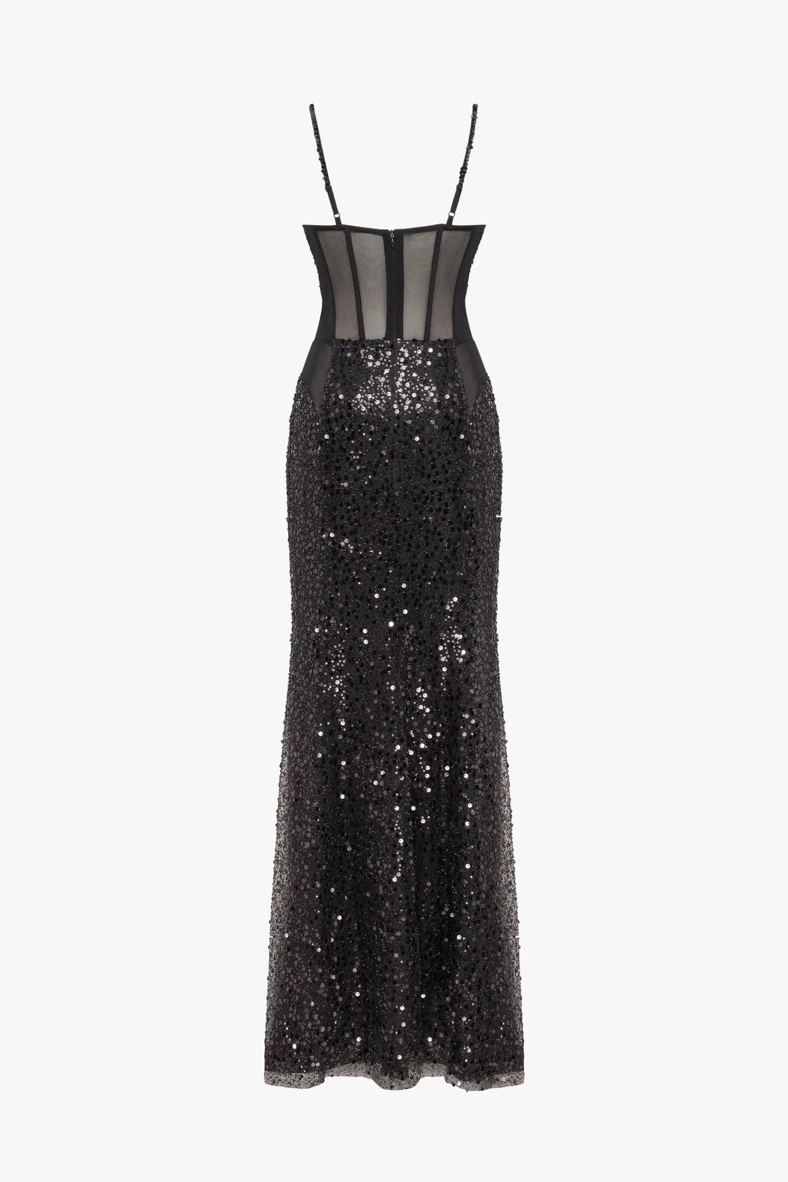 Sensational black maxi on spaghetti straps covered in sequins, Smoky Quartz made by Milla