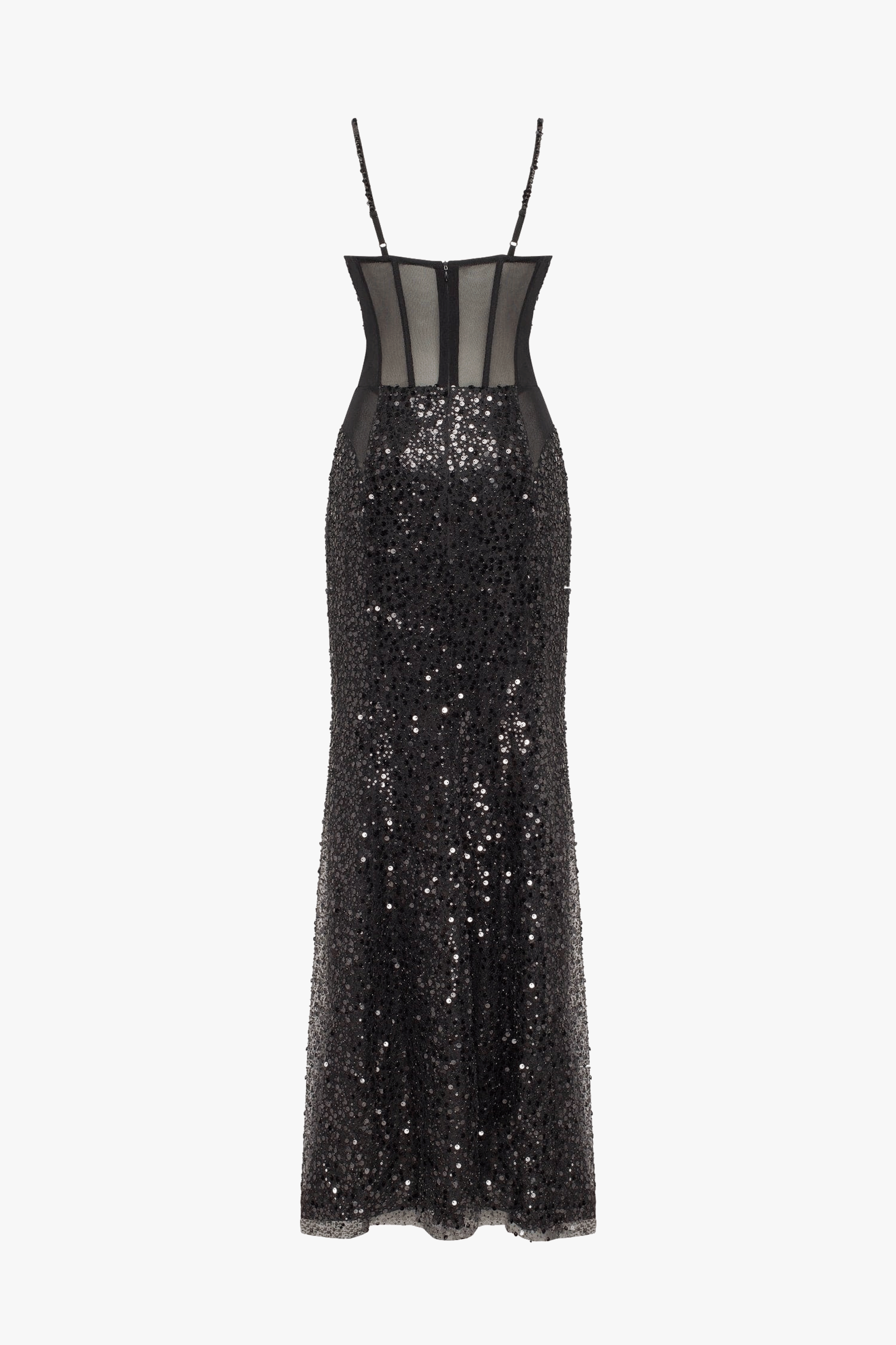 Sensational black maxi on spaghetti straps covered in sequins, Smoky Quartz made by Milla
