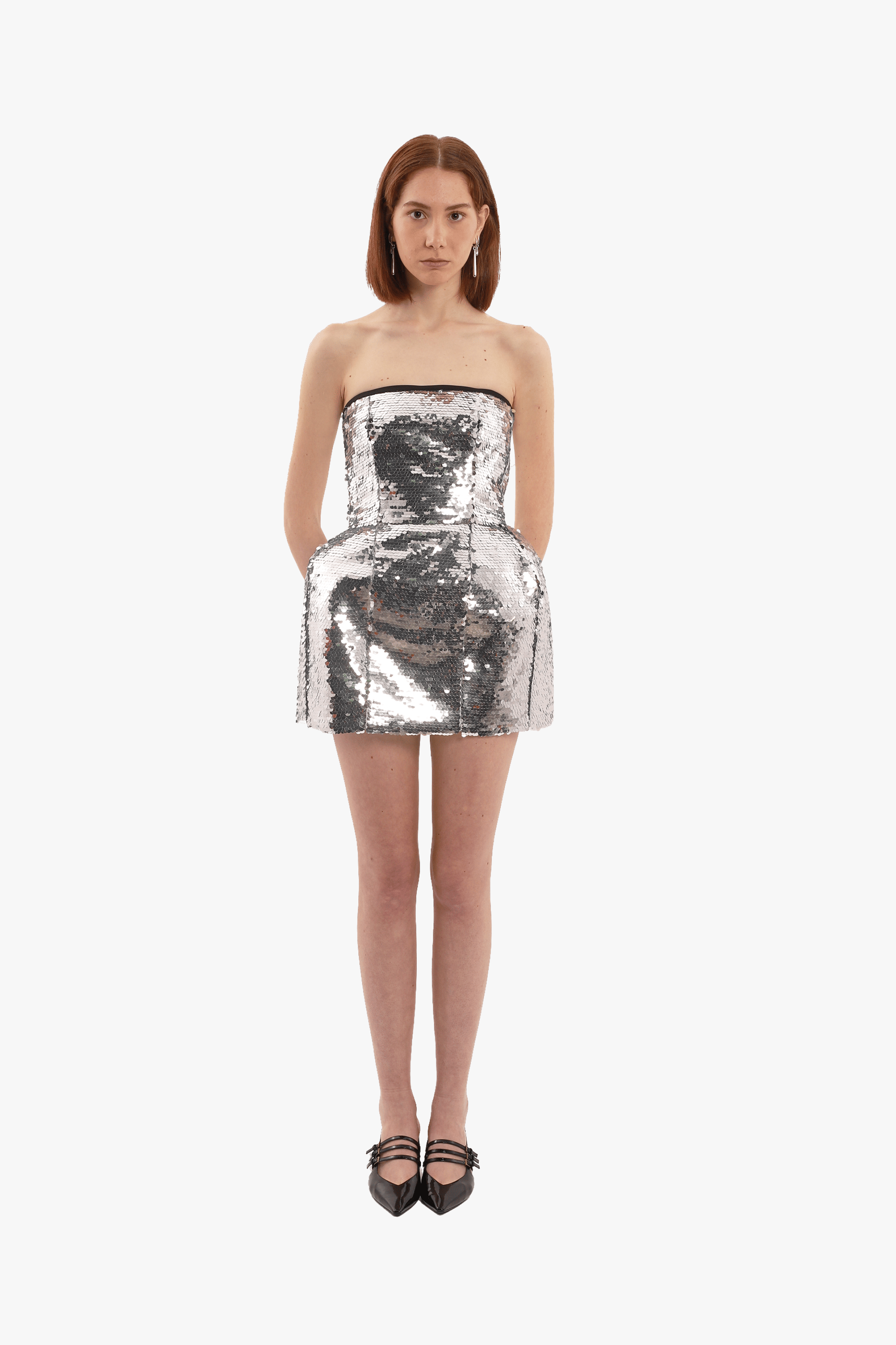 Silver sequins volume mini dress made by Compte Spain