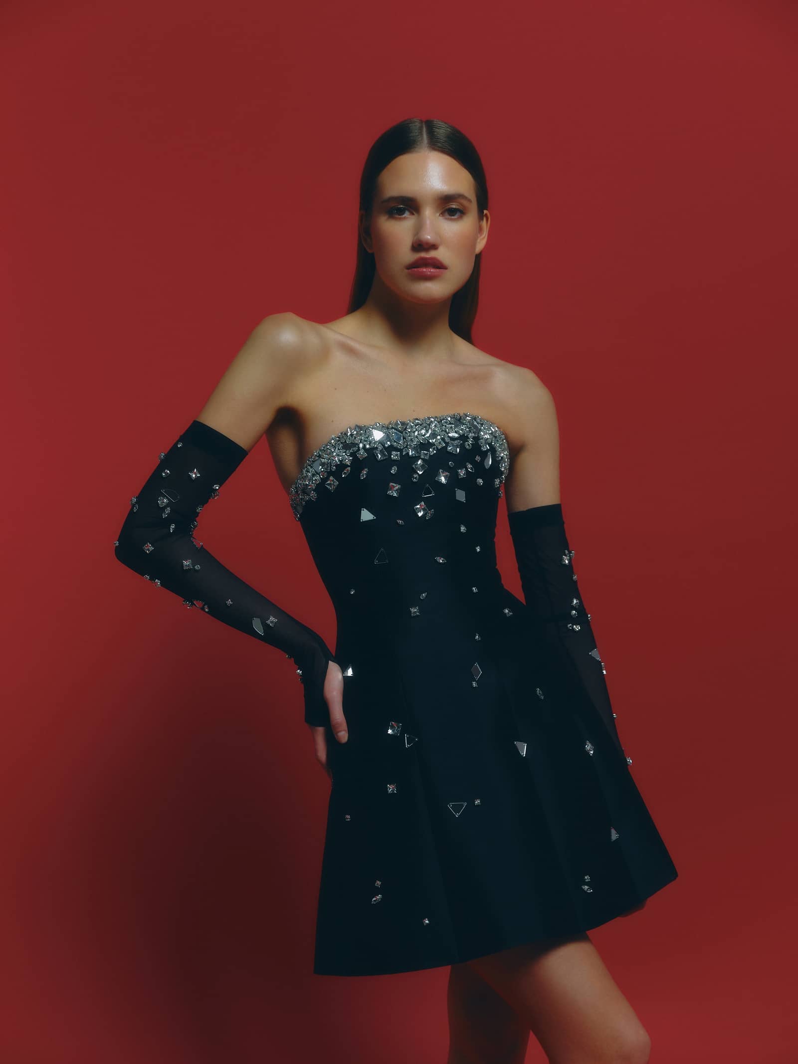 Crystal Embellished Fingerless Gloves in Black made by NDS The Label