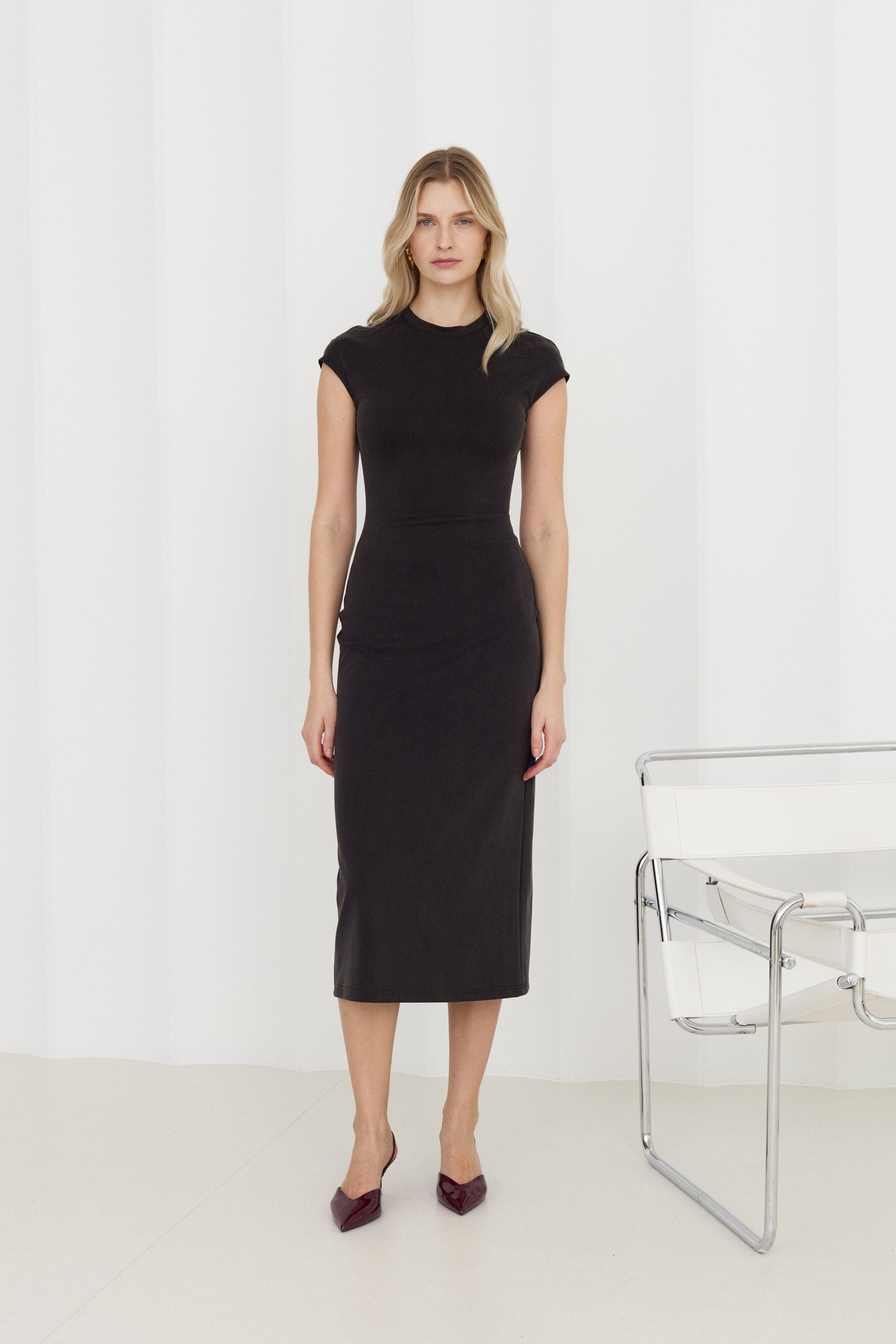 ASTER Black Jersey Bodycon Midi Dress With Cap Sleeves made by UNDRESS