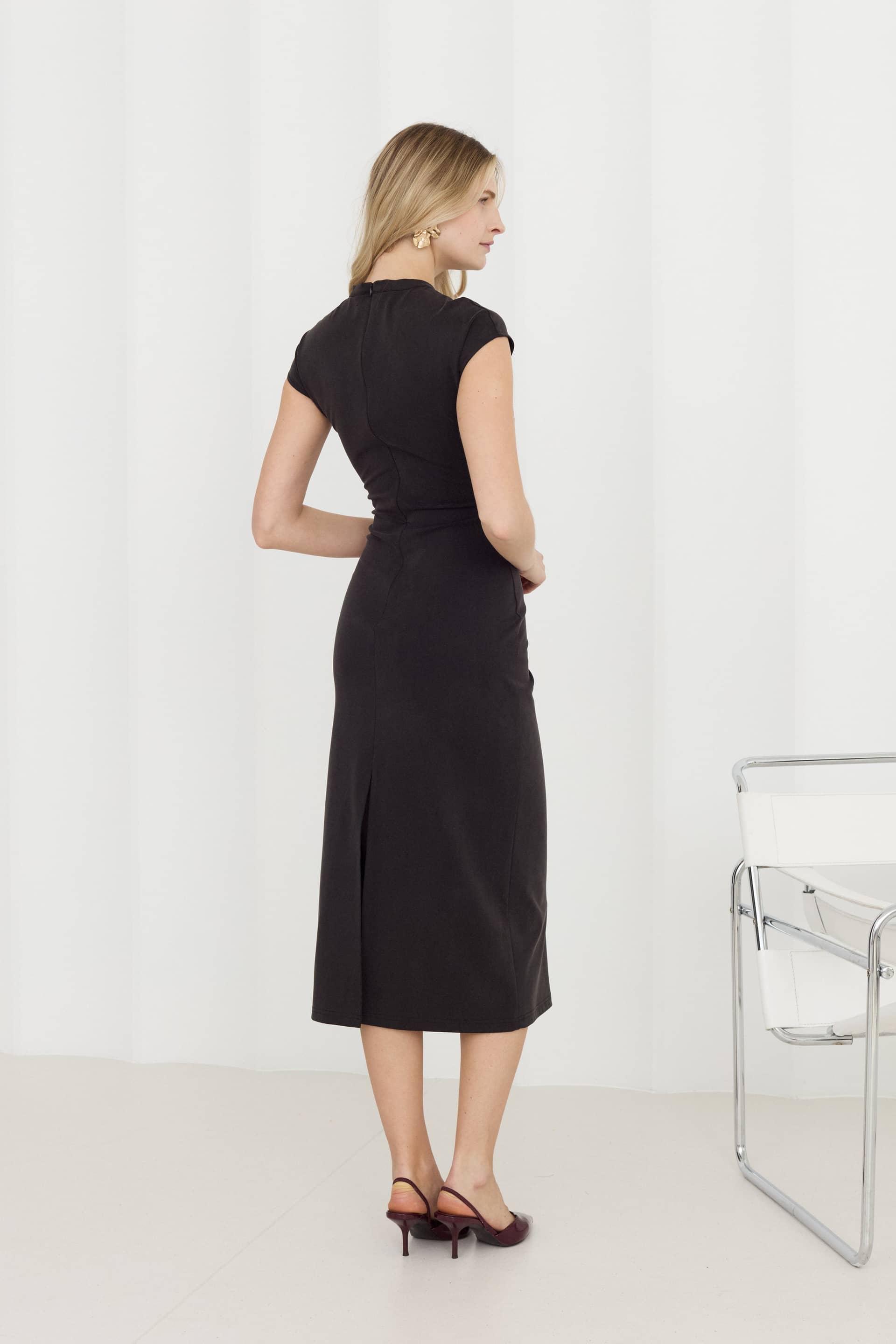 ASTER Black Jersey Bodycon Midi Dress With Cap Sleeves made by UNDRESS