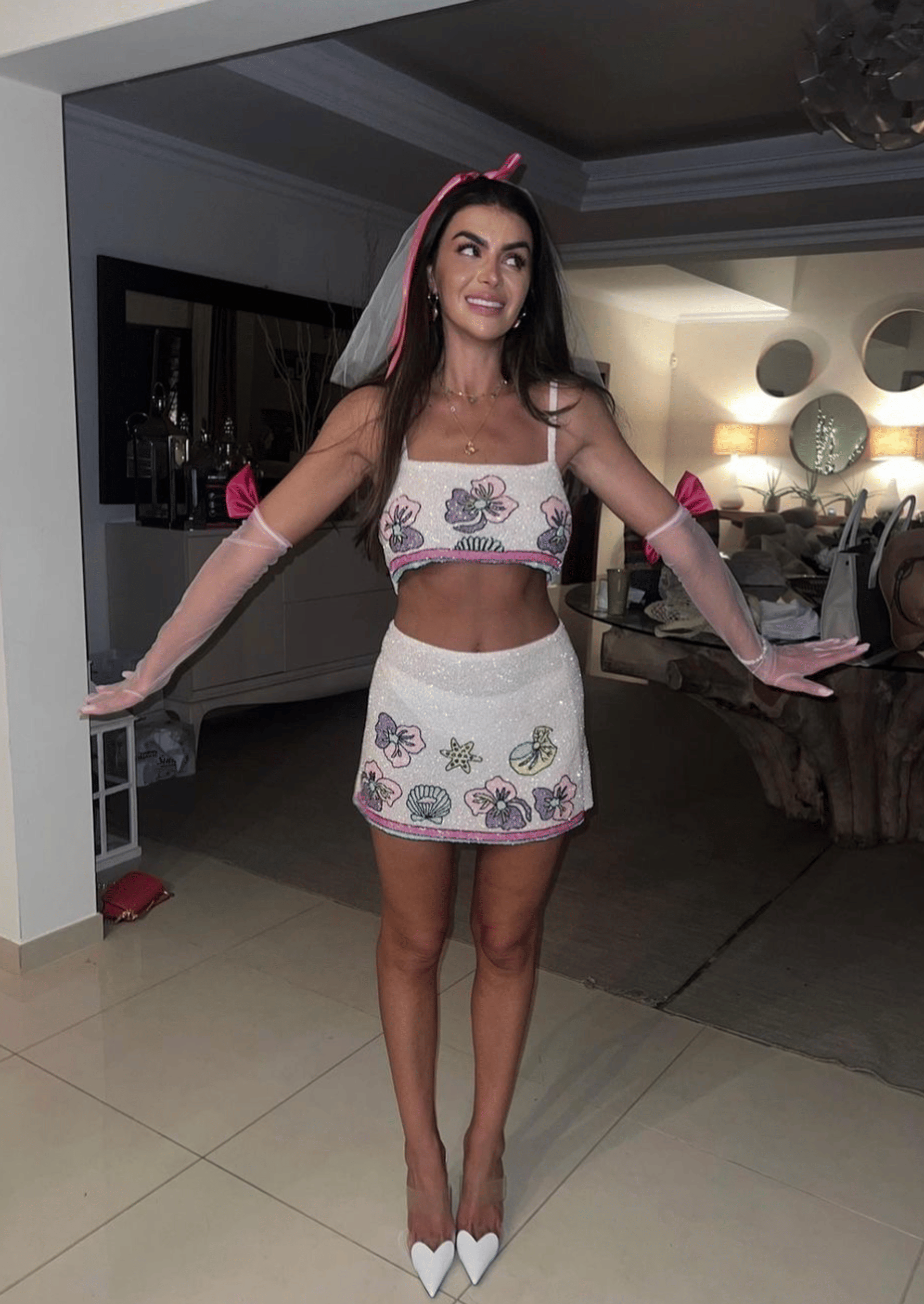 Tallulah Crystal Co-Ord Mini Skirt in Beige made by Oceanus Swimwear