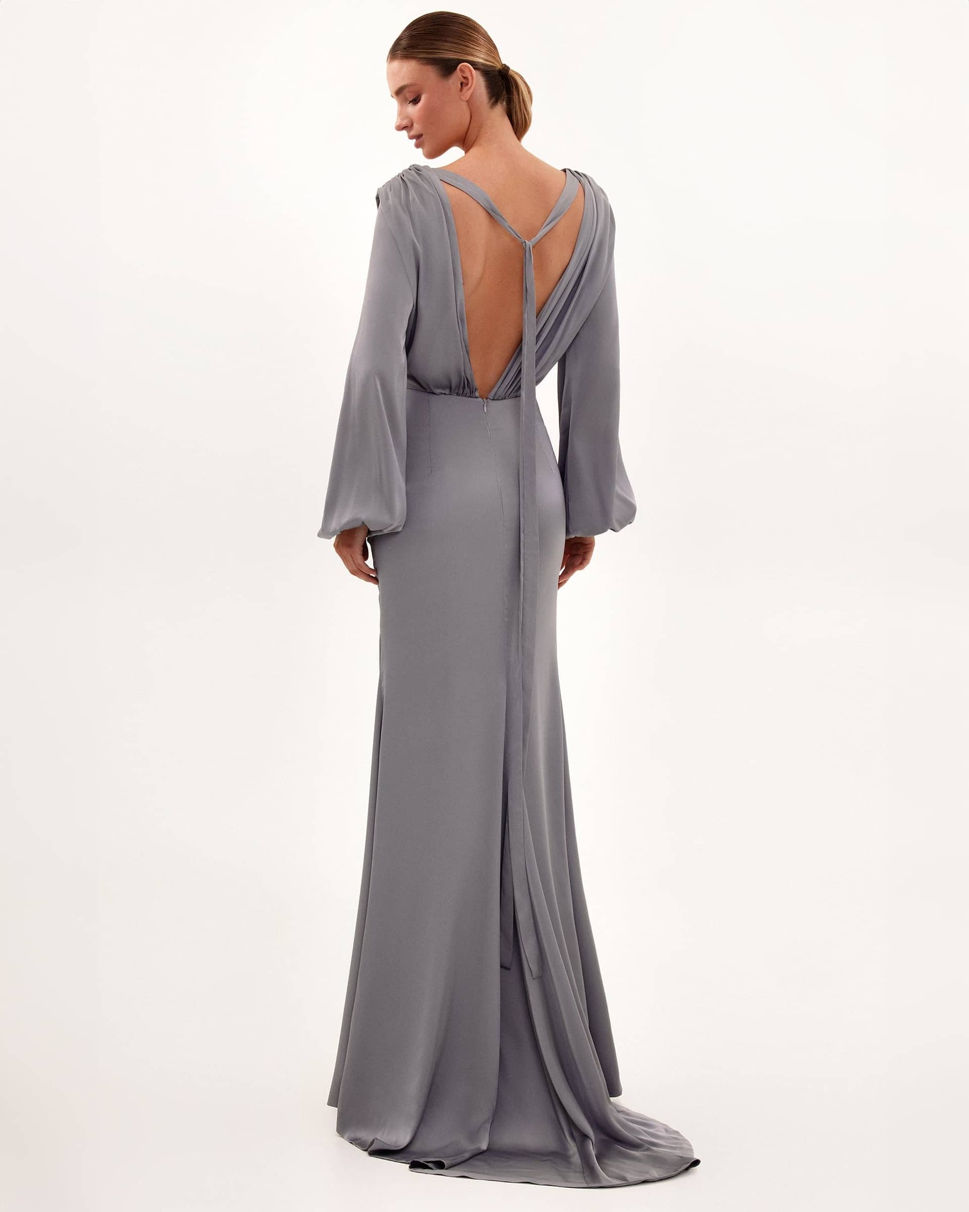 Fancy silver silk maxi evening dress made by Milla
