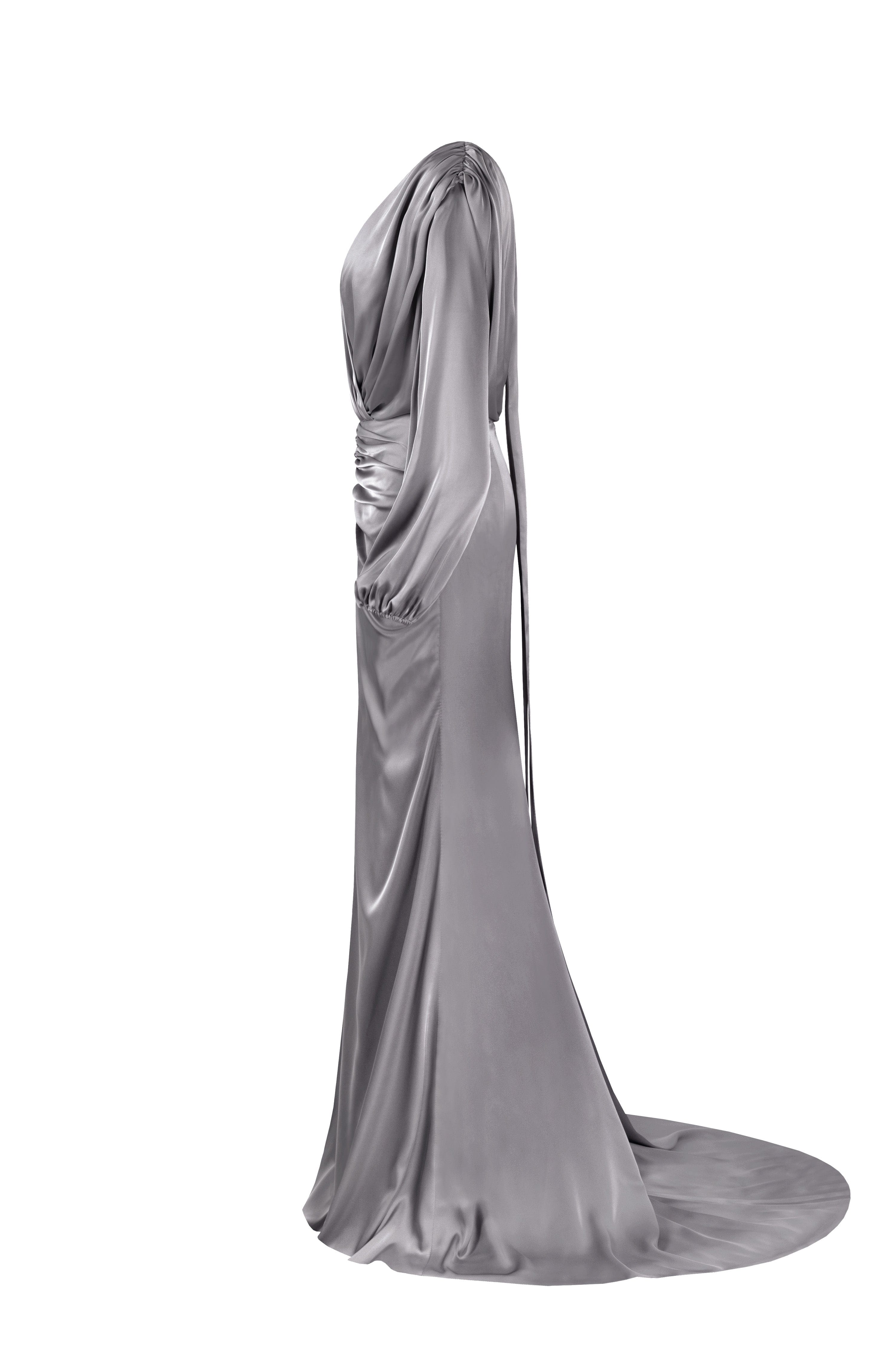 Fancy silver silk maxi evening dress made by Milla