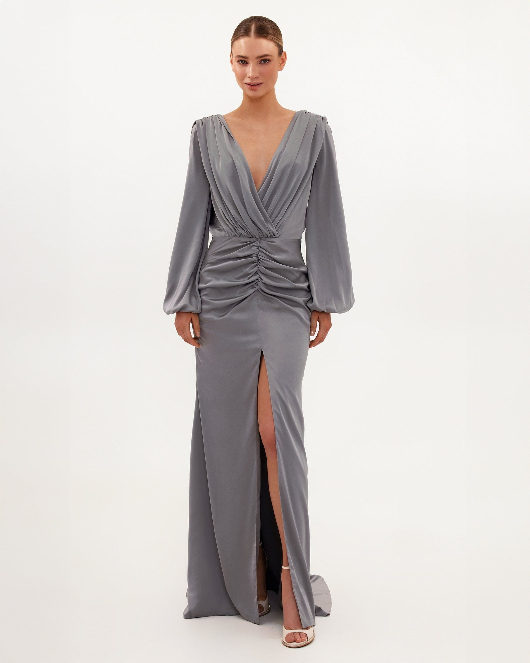 Fancy silver silk maxi evening dress made by Milla