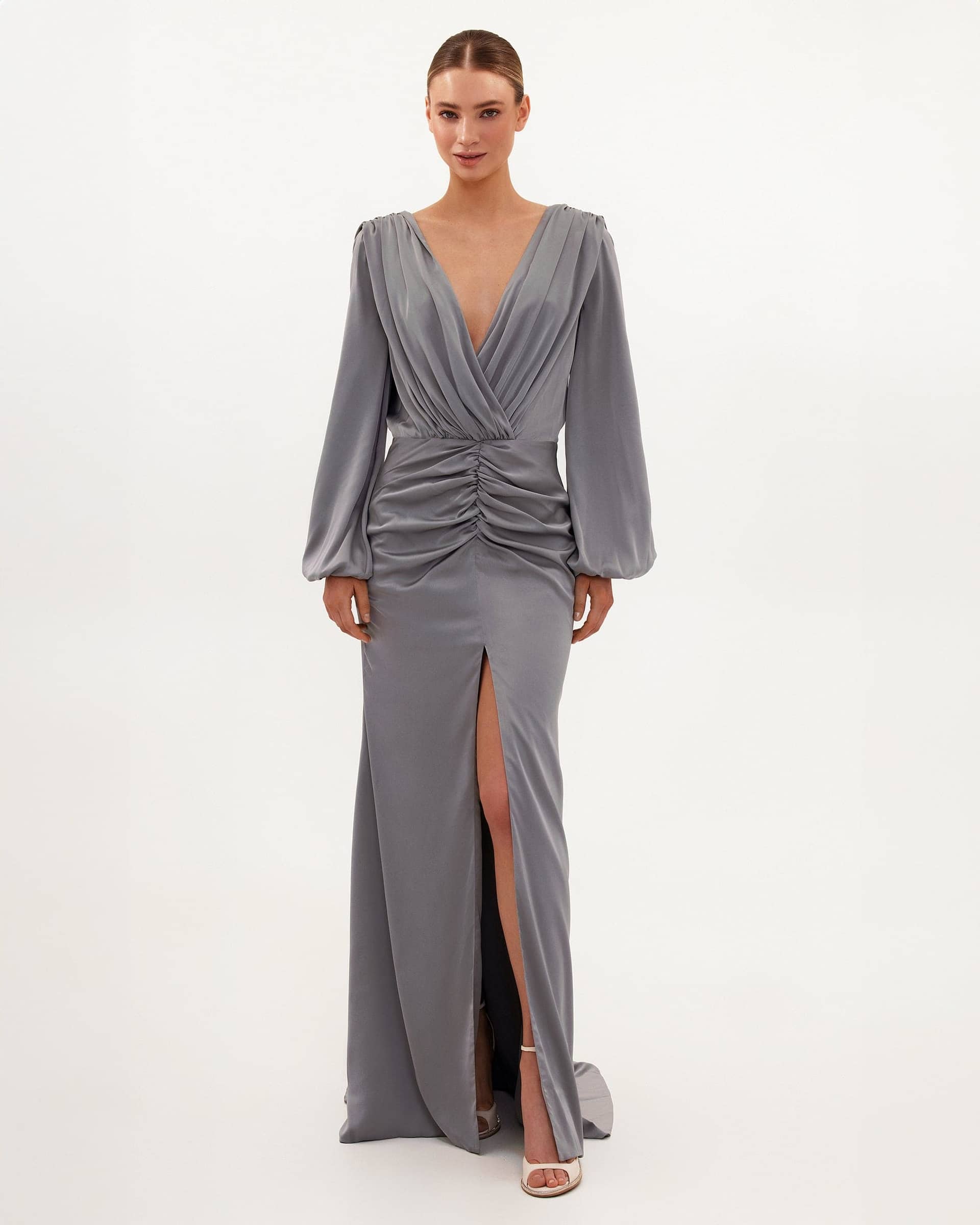 Fancy silver silk maxi evening dress made by Milla