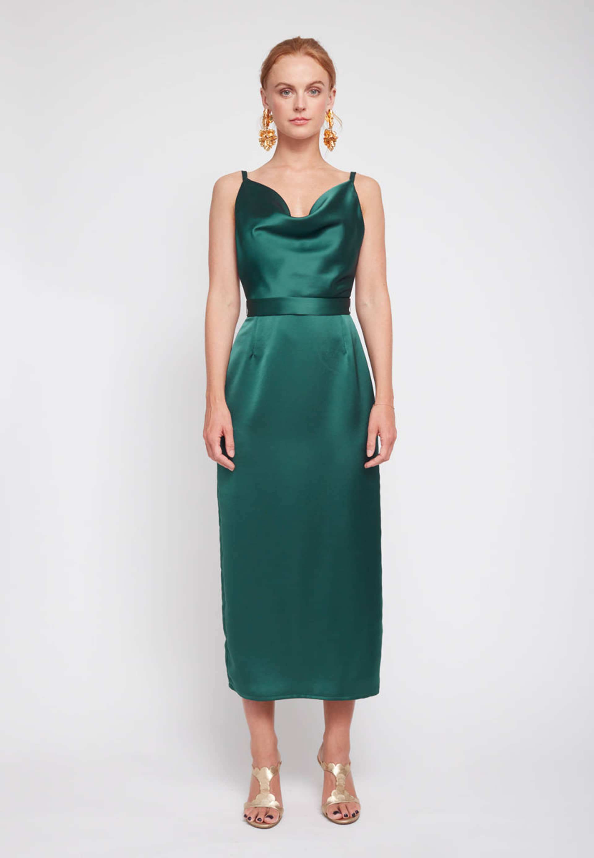 KAMEA deep green satin cowl neck midi dress made by UNDRESS