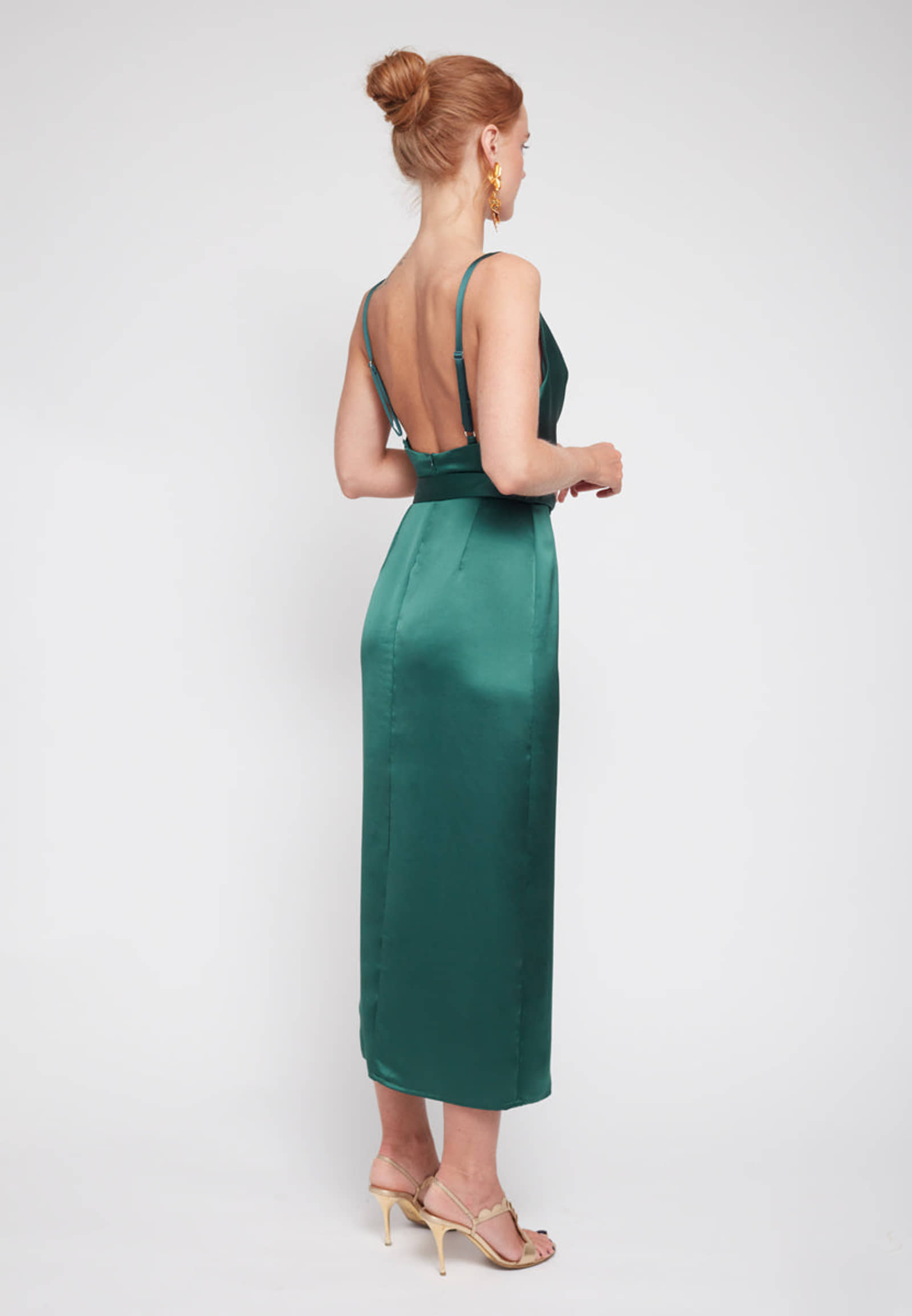 KAMEA deep green satin cowl neck midi dress made by UNDRESS