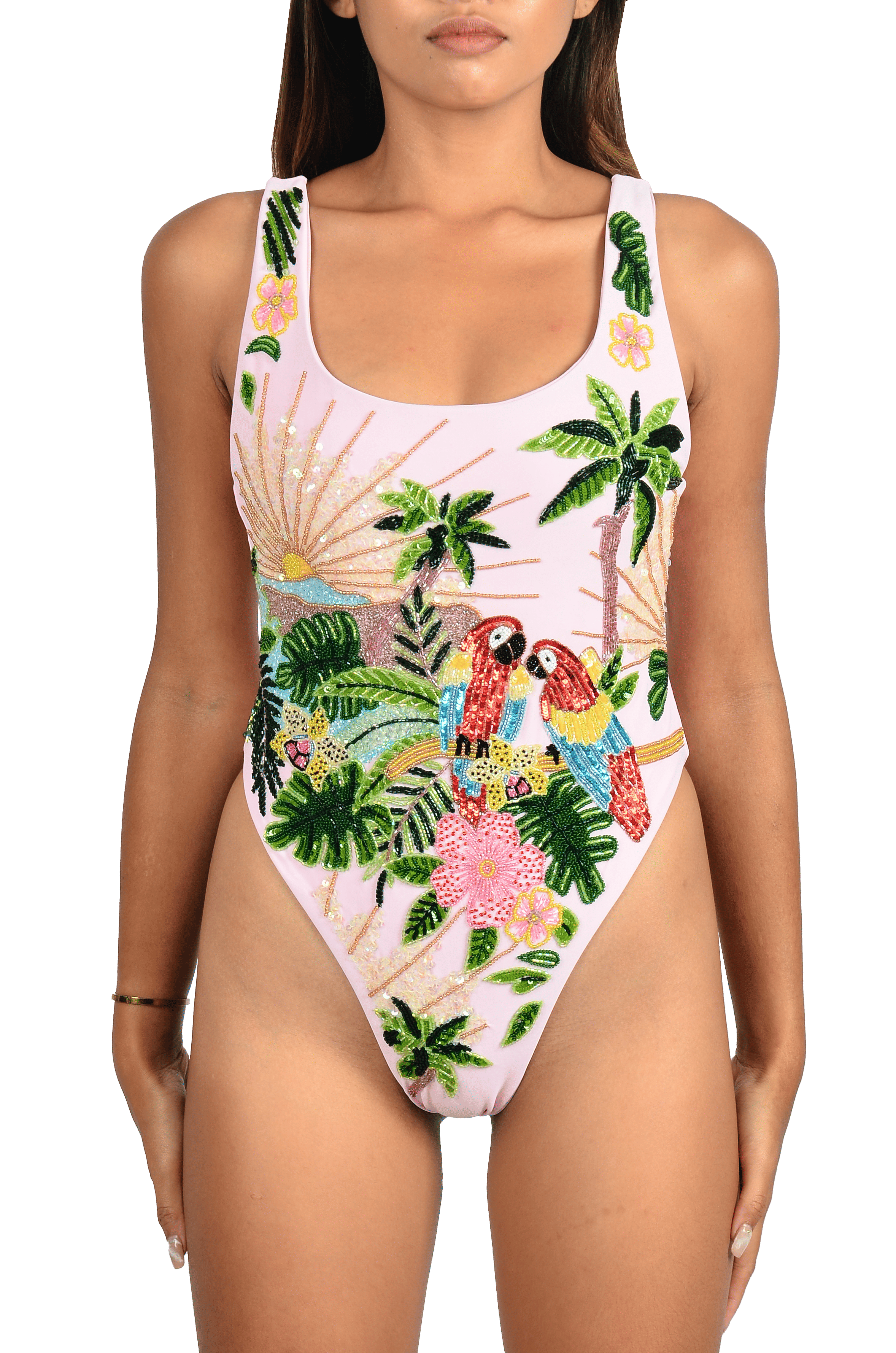 Maya Scoop Back Pink Tropical Swimsuit made by Oceanus Swimwear