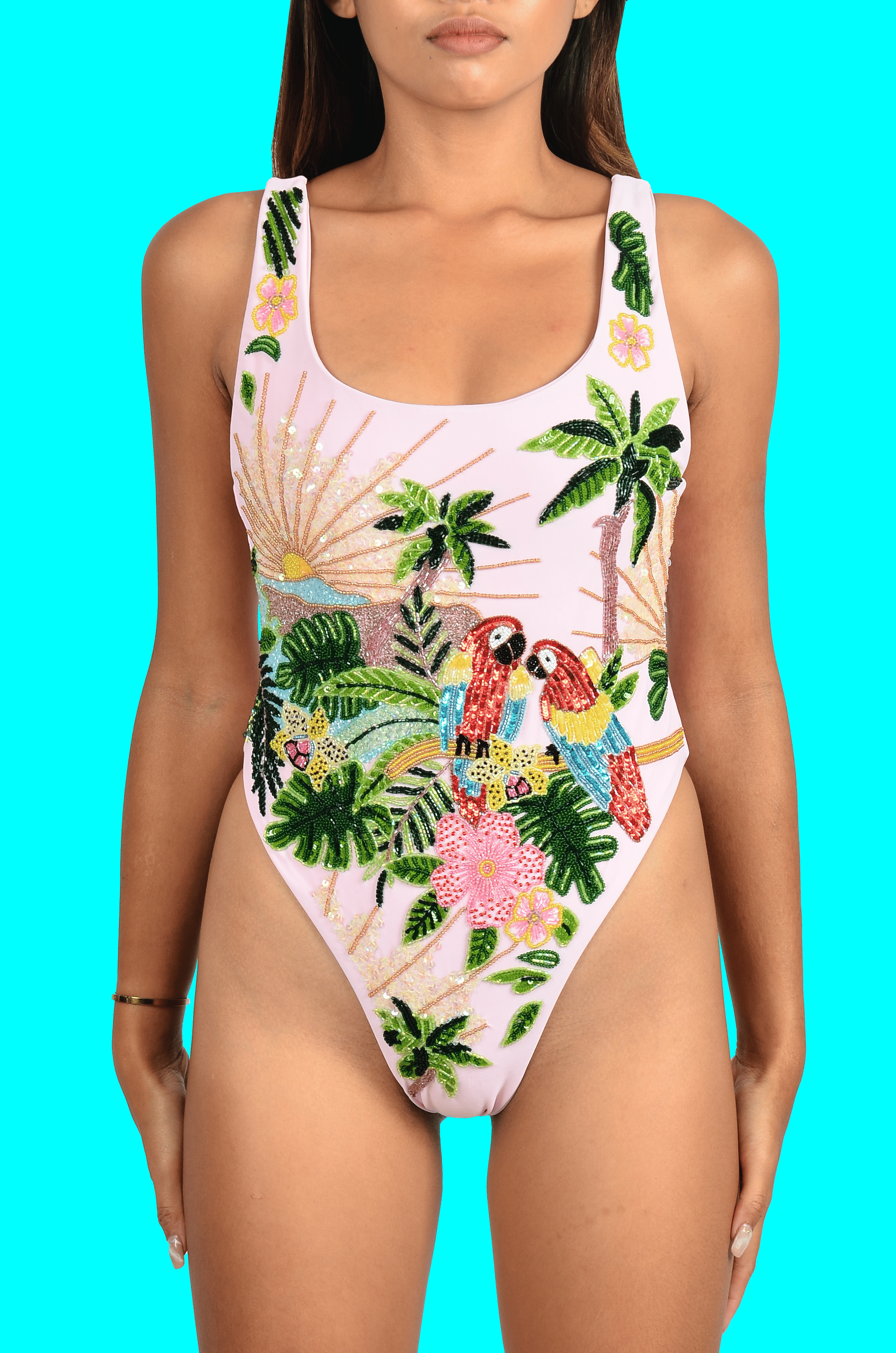 Maya Scoop Back Pink Tropical Swimsuit made by Oceanus Swimwear