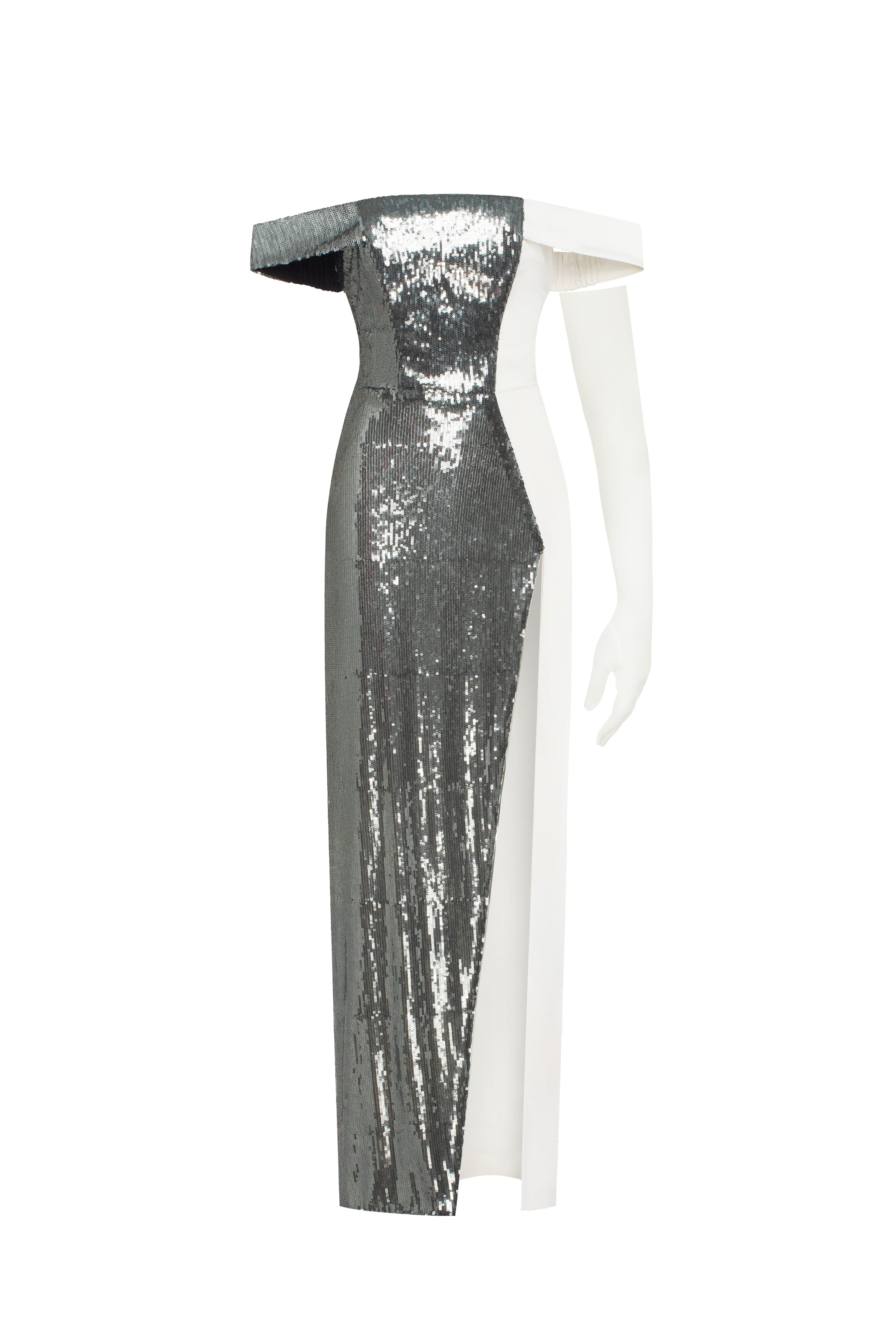 Noteworthy white satin maxi gown covered in silver sequins, Xo Xo made by Milla