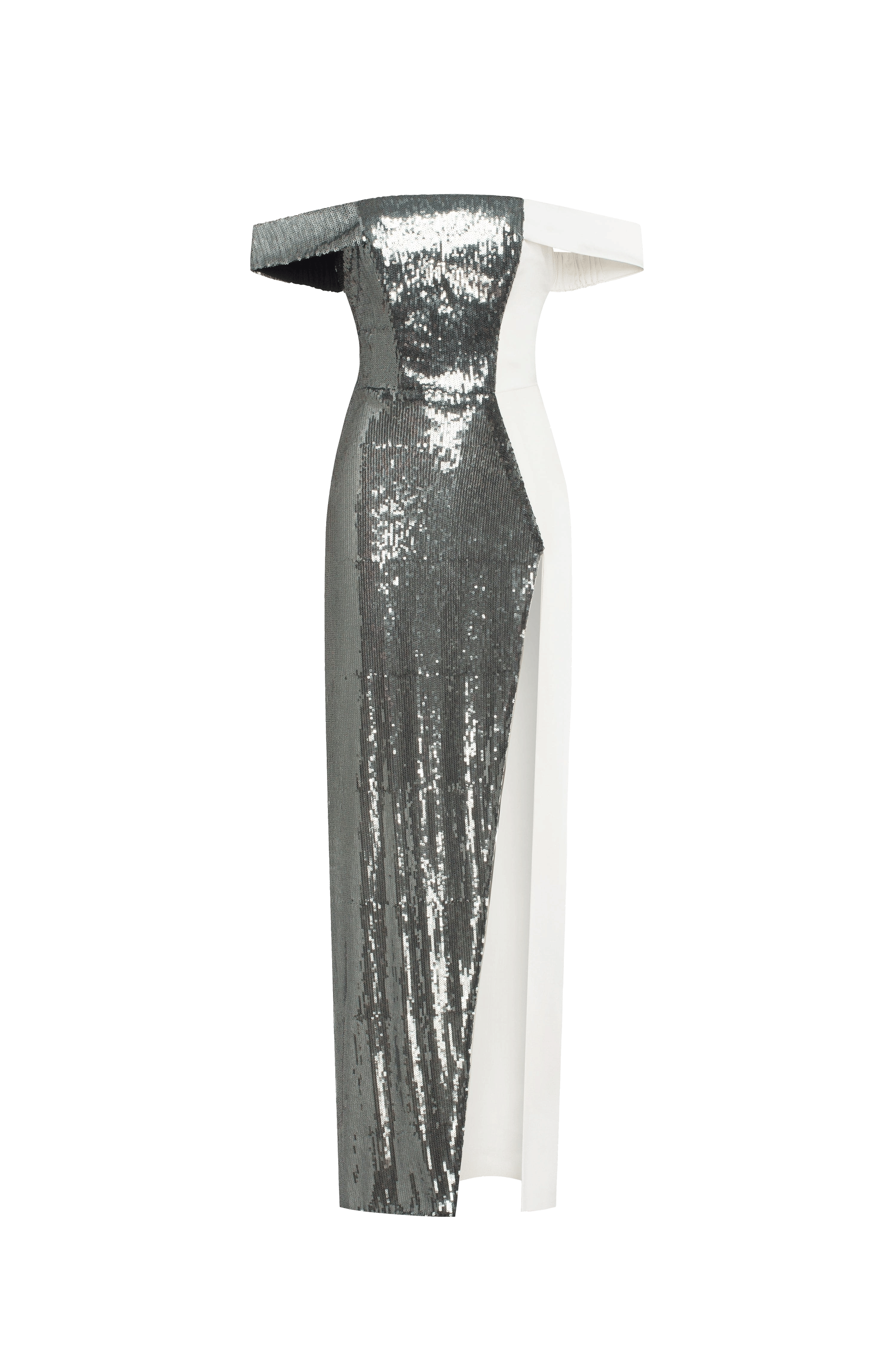 Noteworthy white satin maxi gown covered in silver sequins, Xo Xo made by Milla
