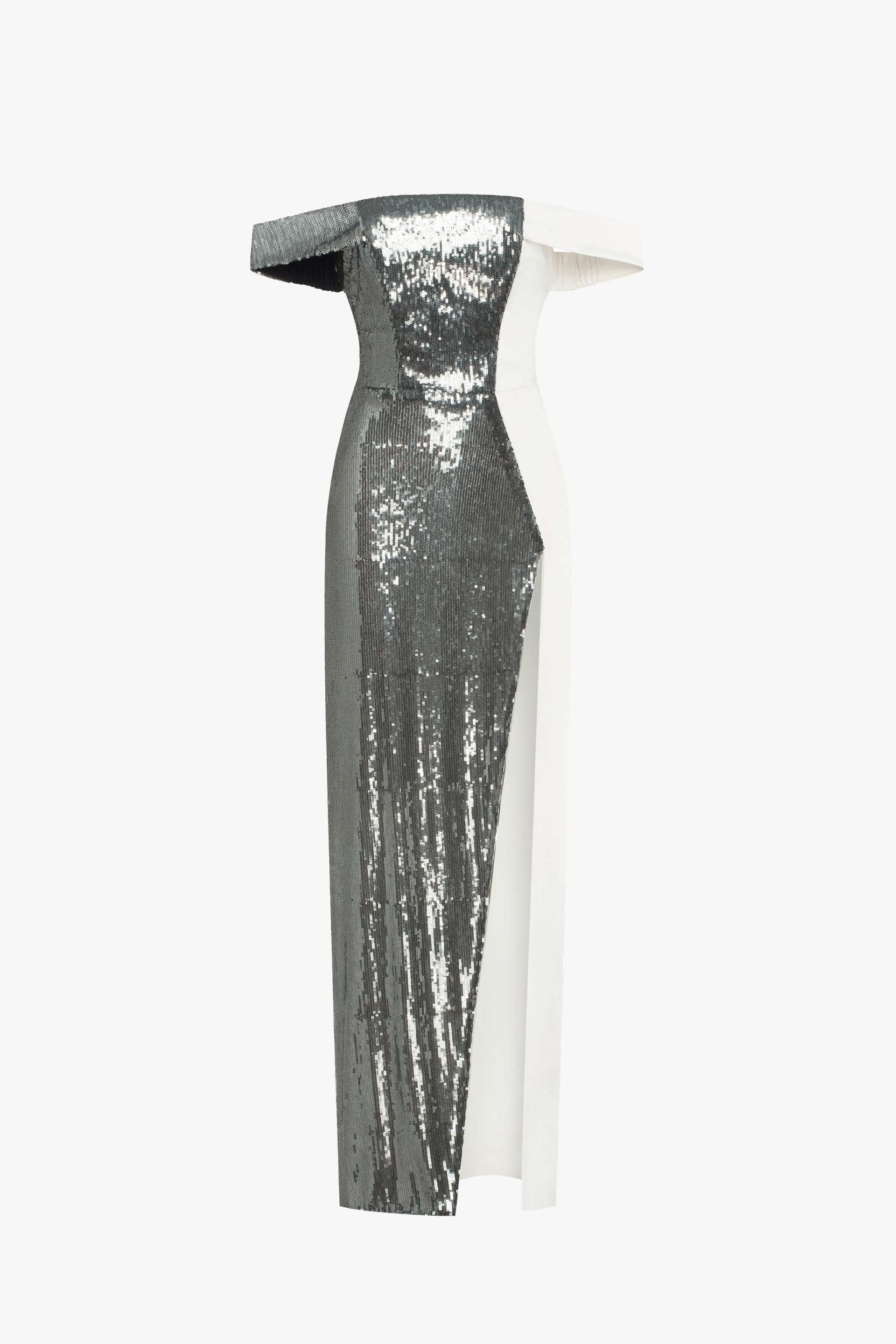 Noteworthy white satin maxi gown covered in silver sequins, Xo Xo made by Milla