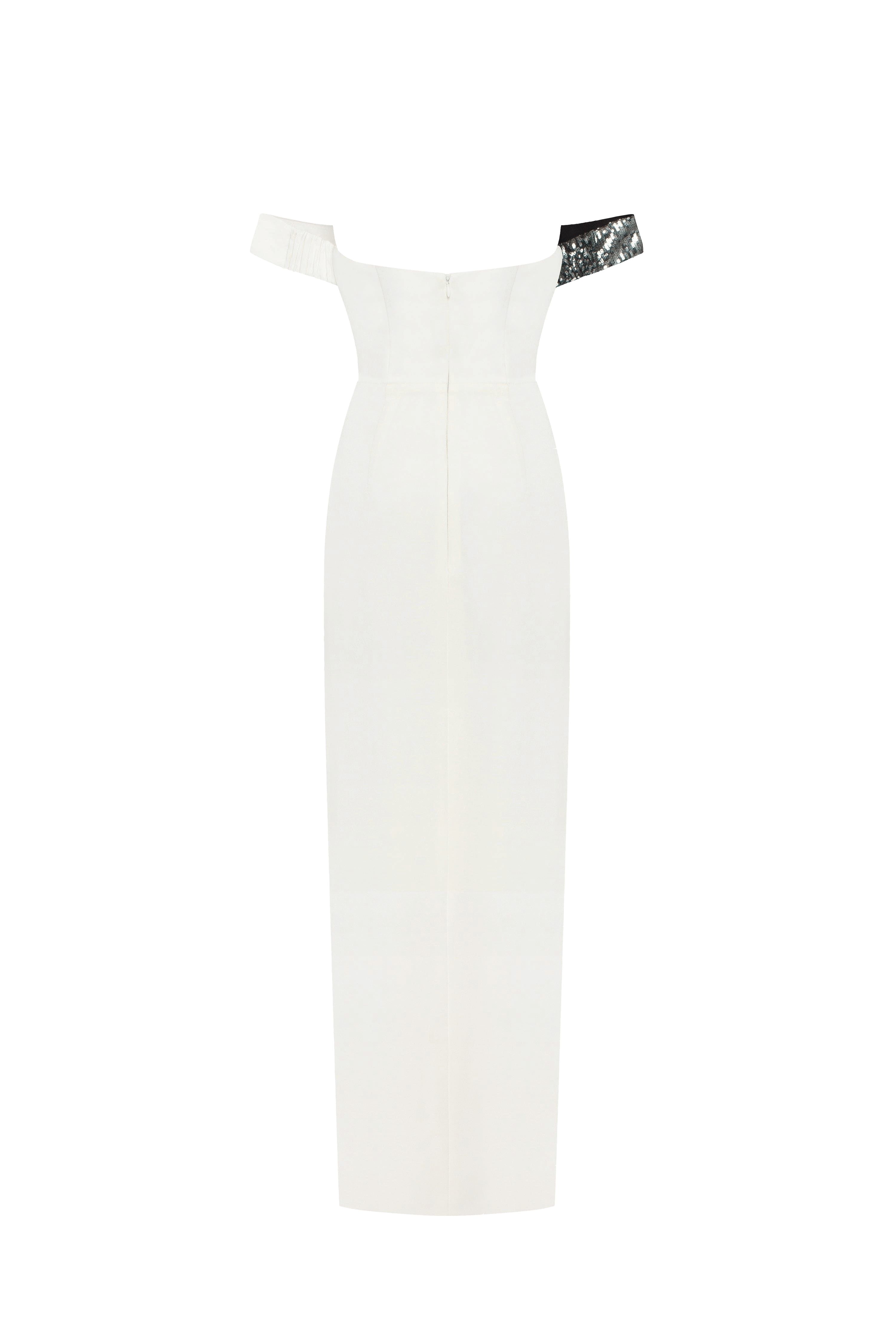 Noteworthy white satin maxi gown covered in silver sequins, Xo Xo made by Milla