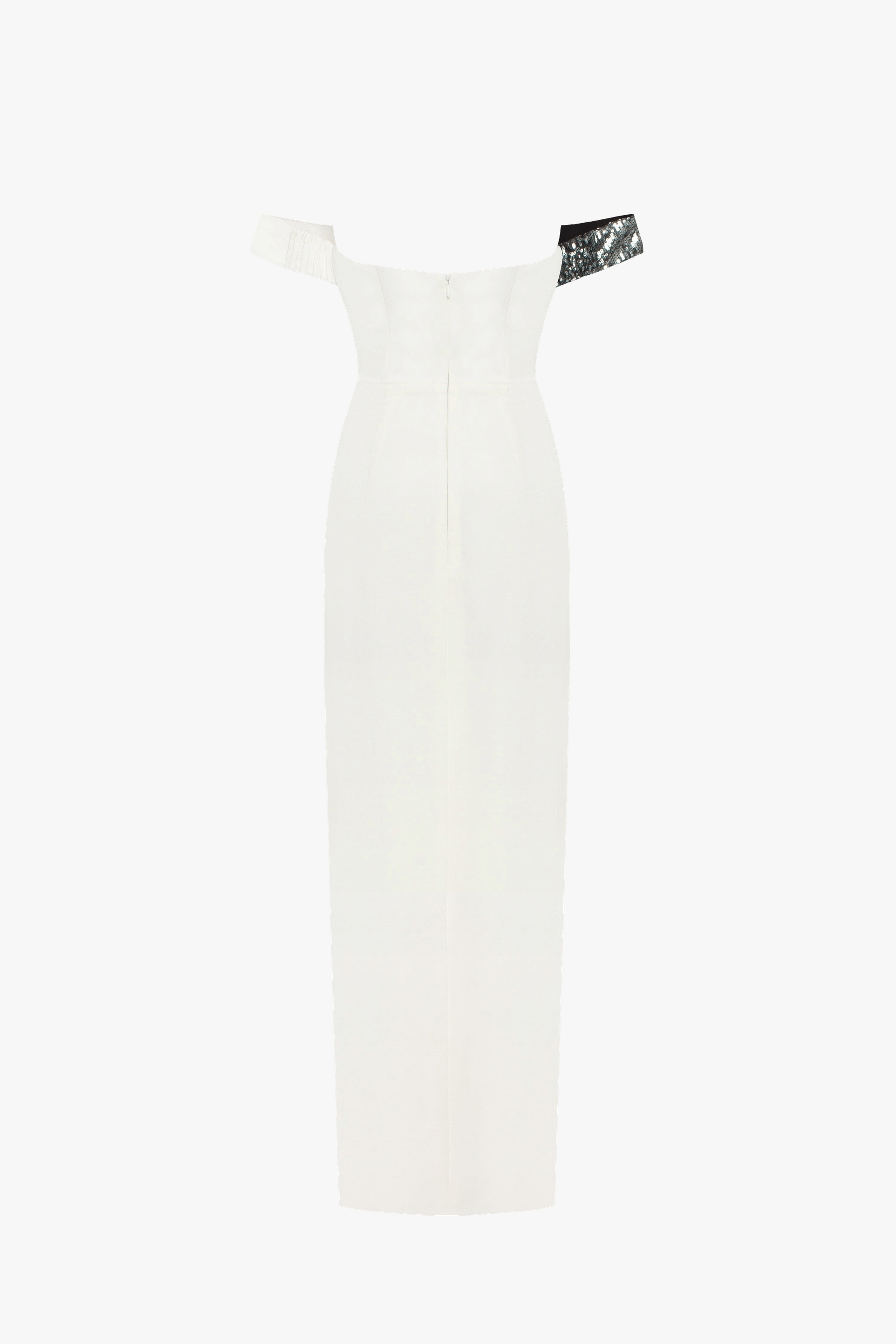 Noteworthy white satin maxi gown covered in silver sequins, Xo Xo made by Milla