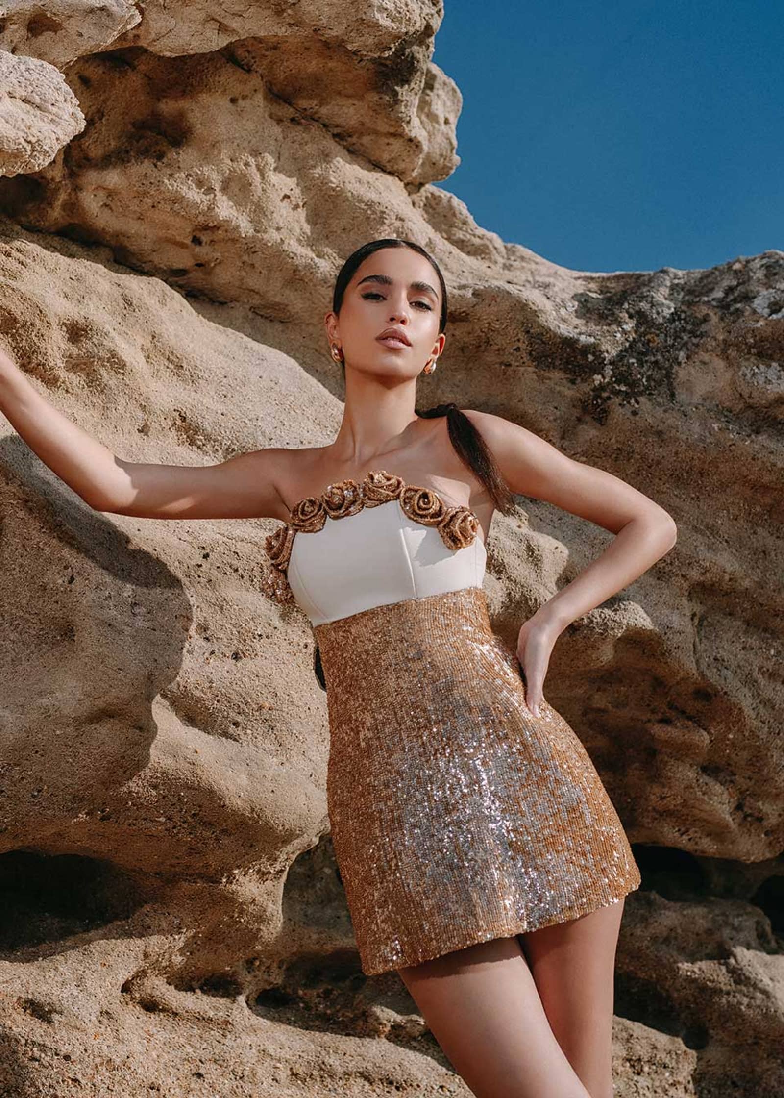 Rose appliqué sequin dress made by Monika Dimova