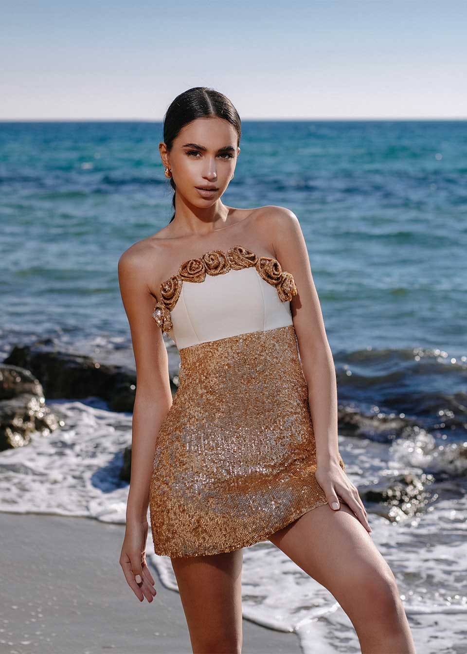 Rose appliqué sequin dress made by Monika Dimova