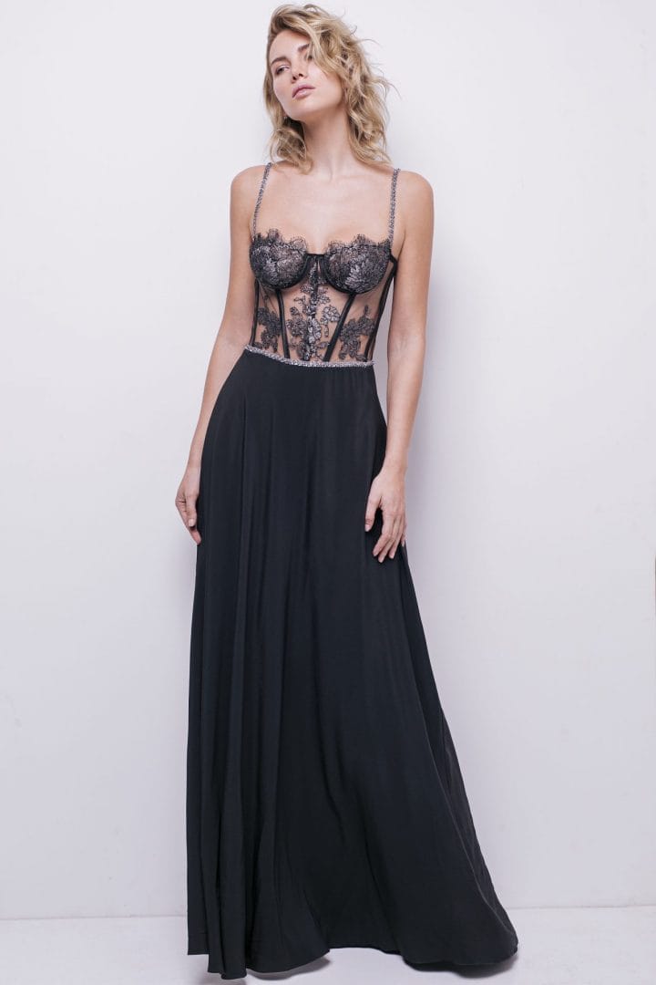 Metallic Chantilly Lace Bustier Gown in Black made by Aureliana