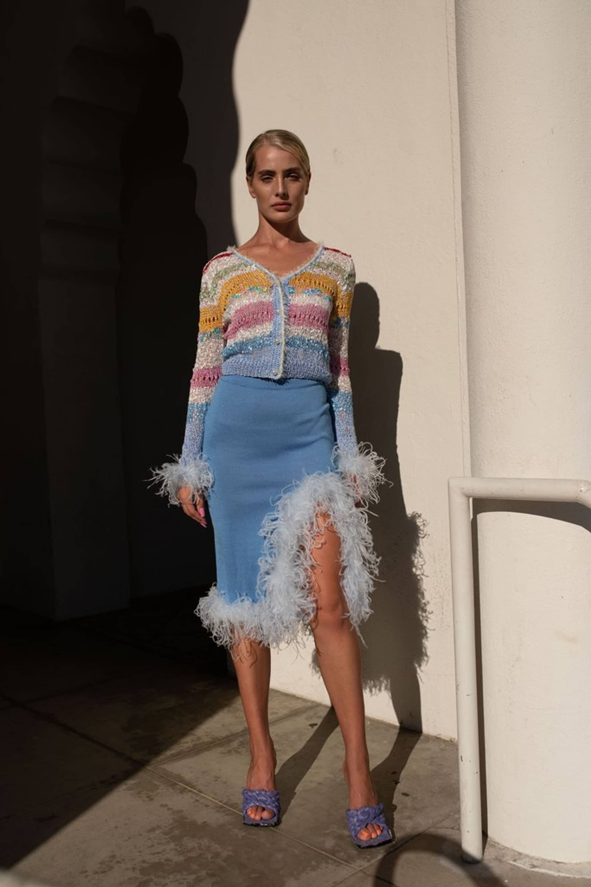 Blue Knit Skirt-Dress With Feather Details made by ANDREEVA