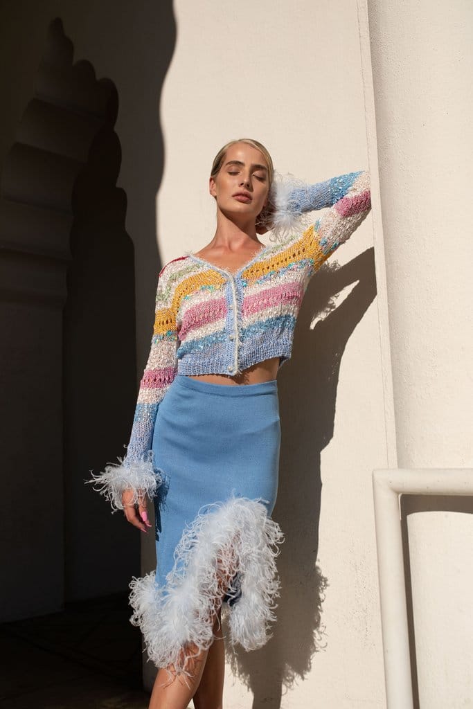 Blue Knit Skirt-Dress With Feather Details made by ANDREEVA