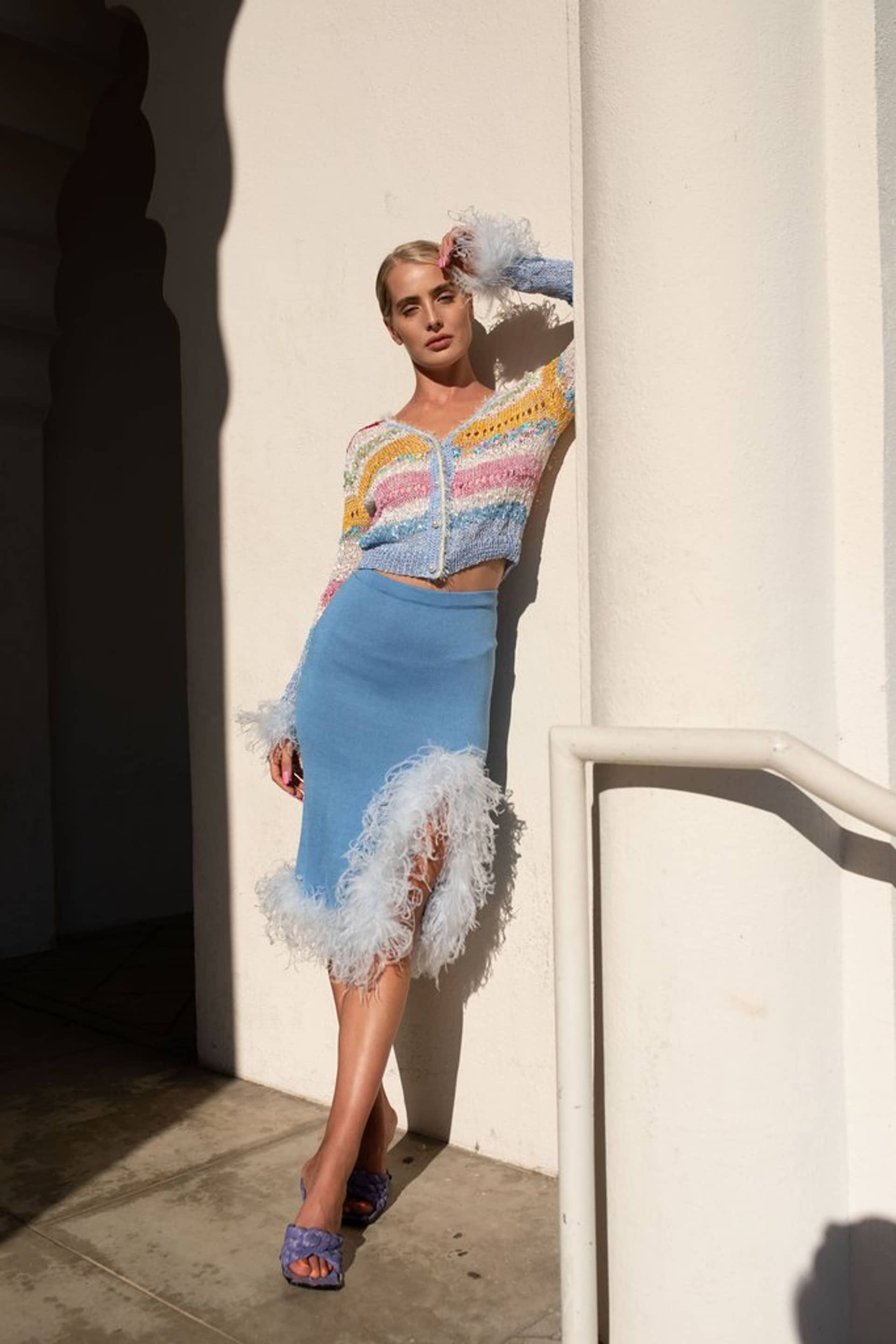 Blue Knit Skirt-Dress With Feather Details made by ANDREEVA