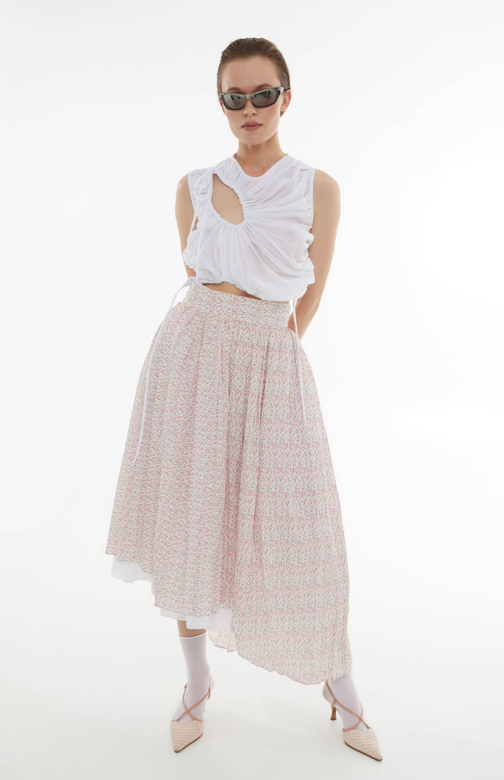Floral-print pleated asymmetric skirt made by Tamar Keburia