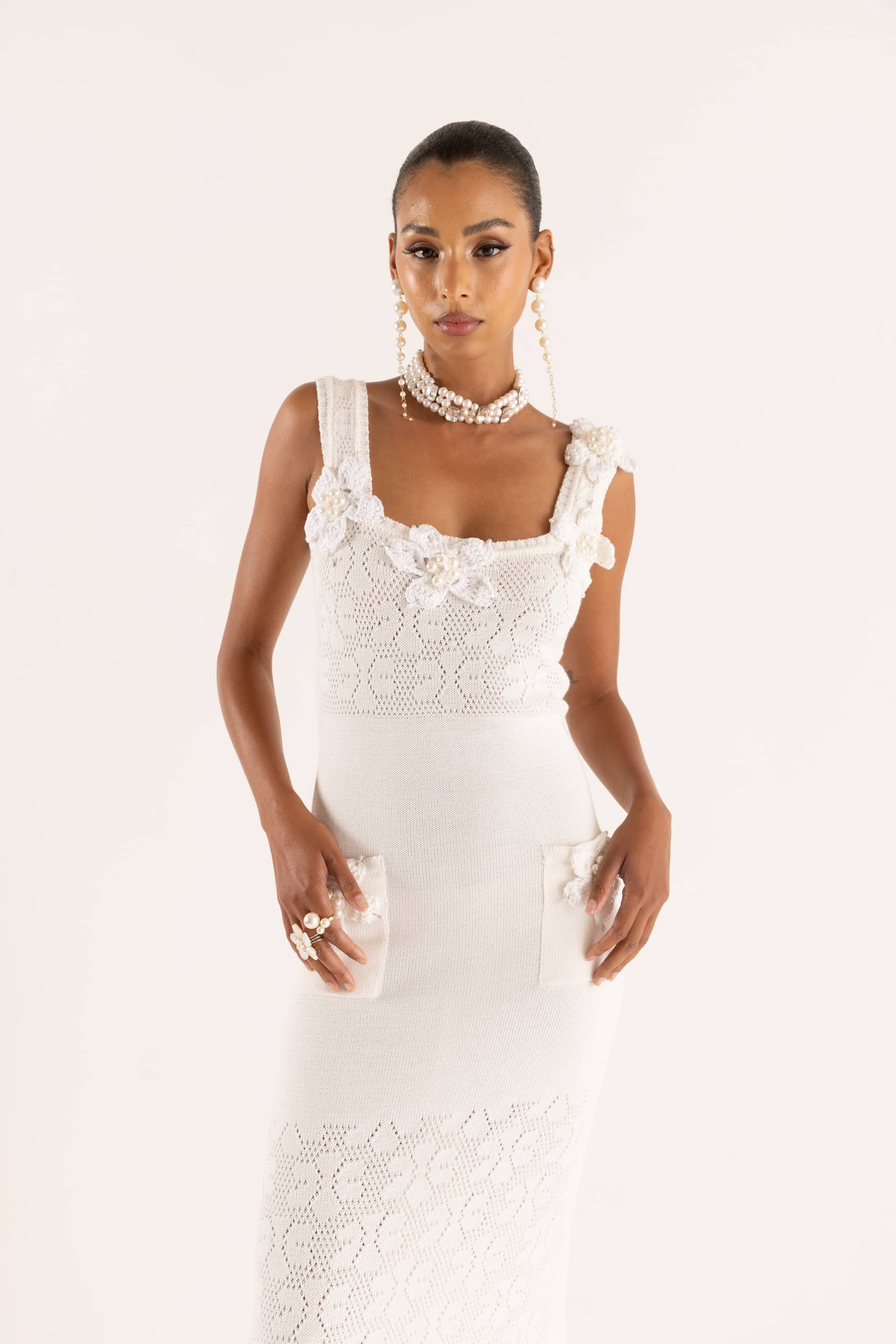 Rose Vanilla Knit Dress With Handmade Knit Details made by ANDREEVA