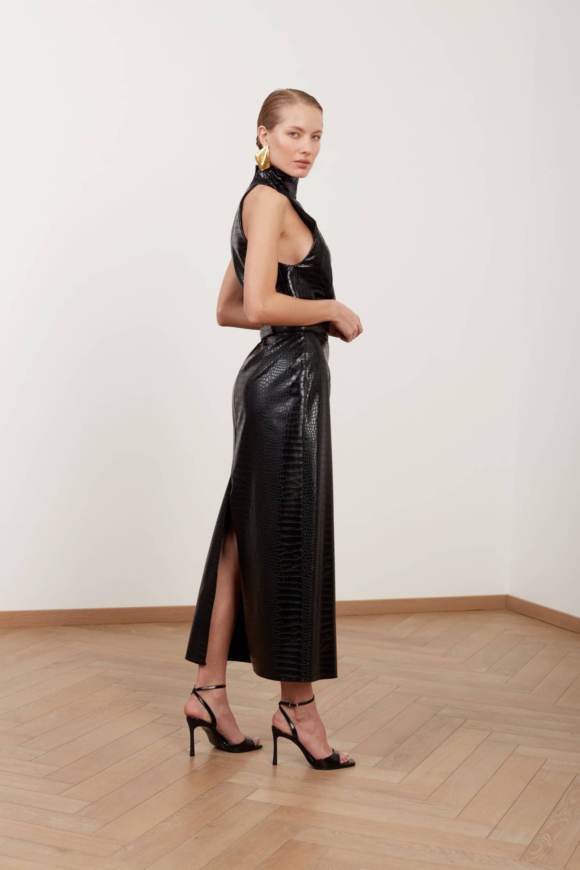 SENSA black textured vegan leather midi dress with turtleneck made by UNDRESS