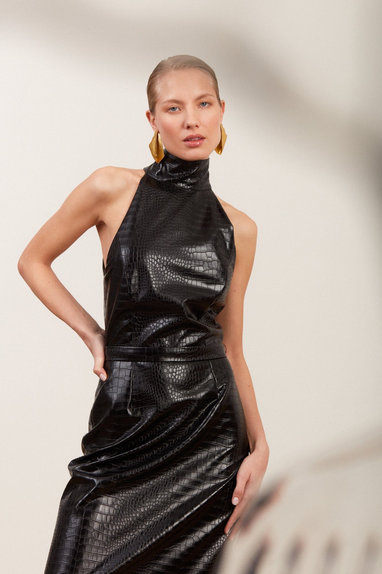 SENSA black textured vegan leather midi dress with turtleneck made by UNDRESS